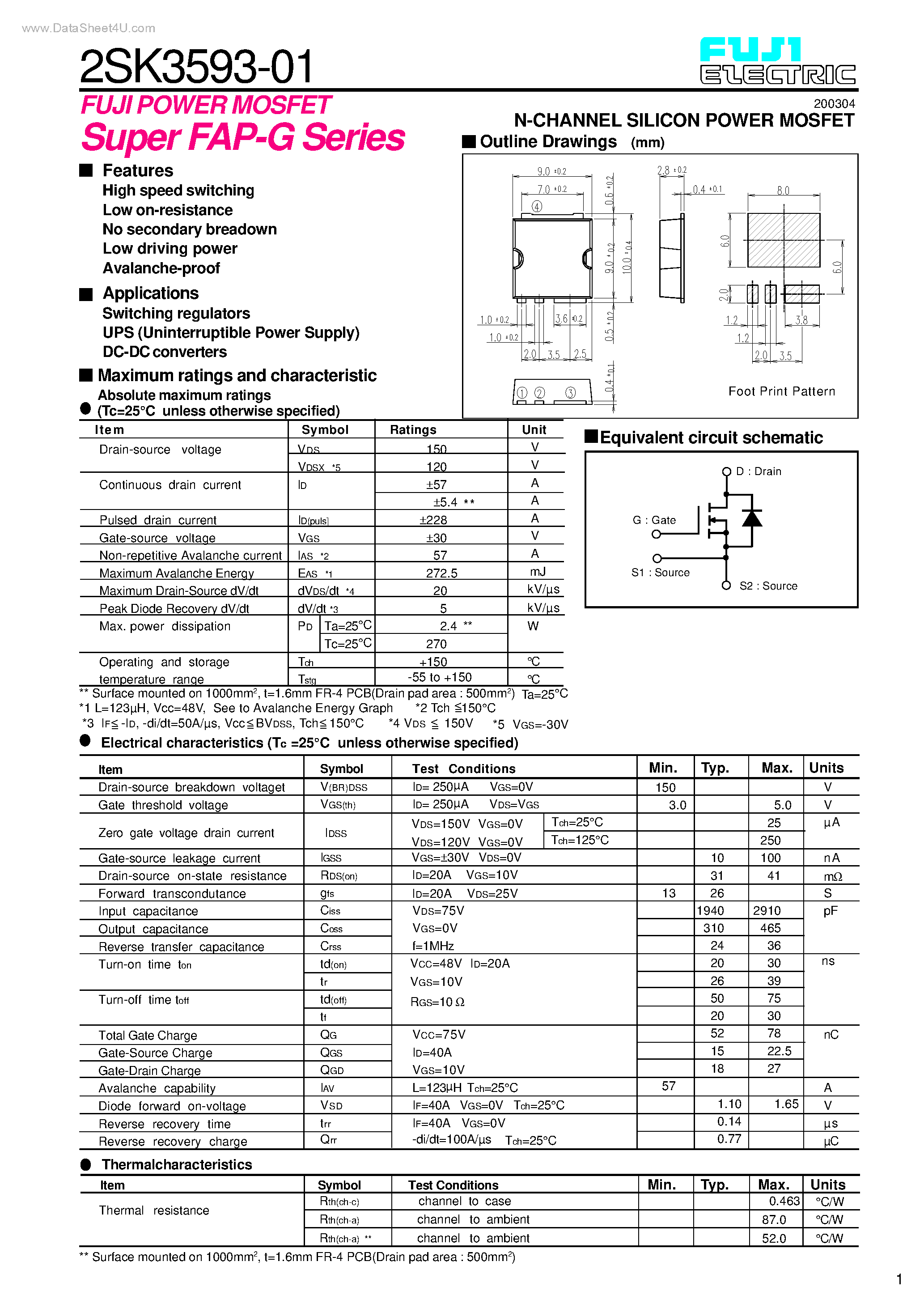 Datasheet 2SK3593-01 - N-CHANNEL SILICON POWER MOSFET page 1