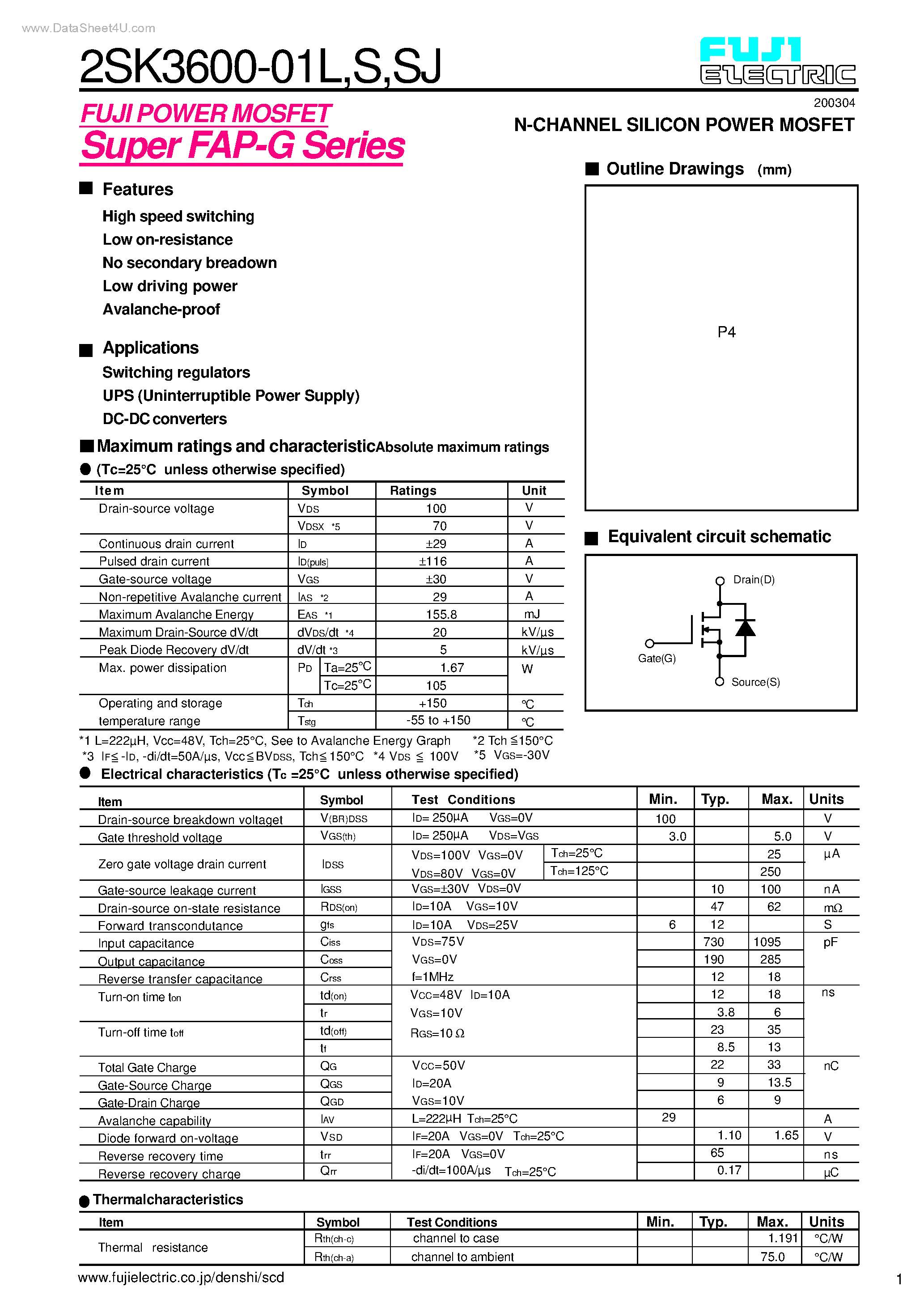 Datasheet 2SK3600-01L - N-CHANNEL SILICON POWER MOSFET page 1