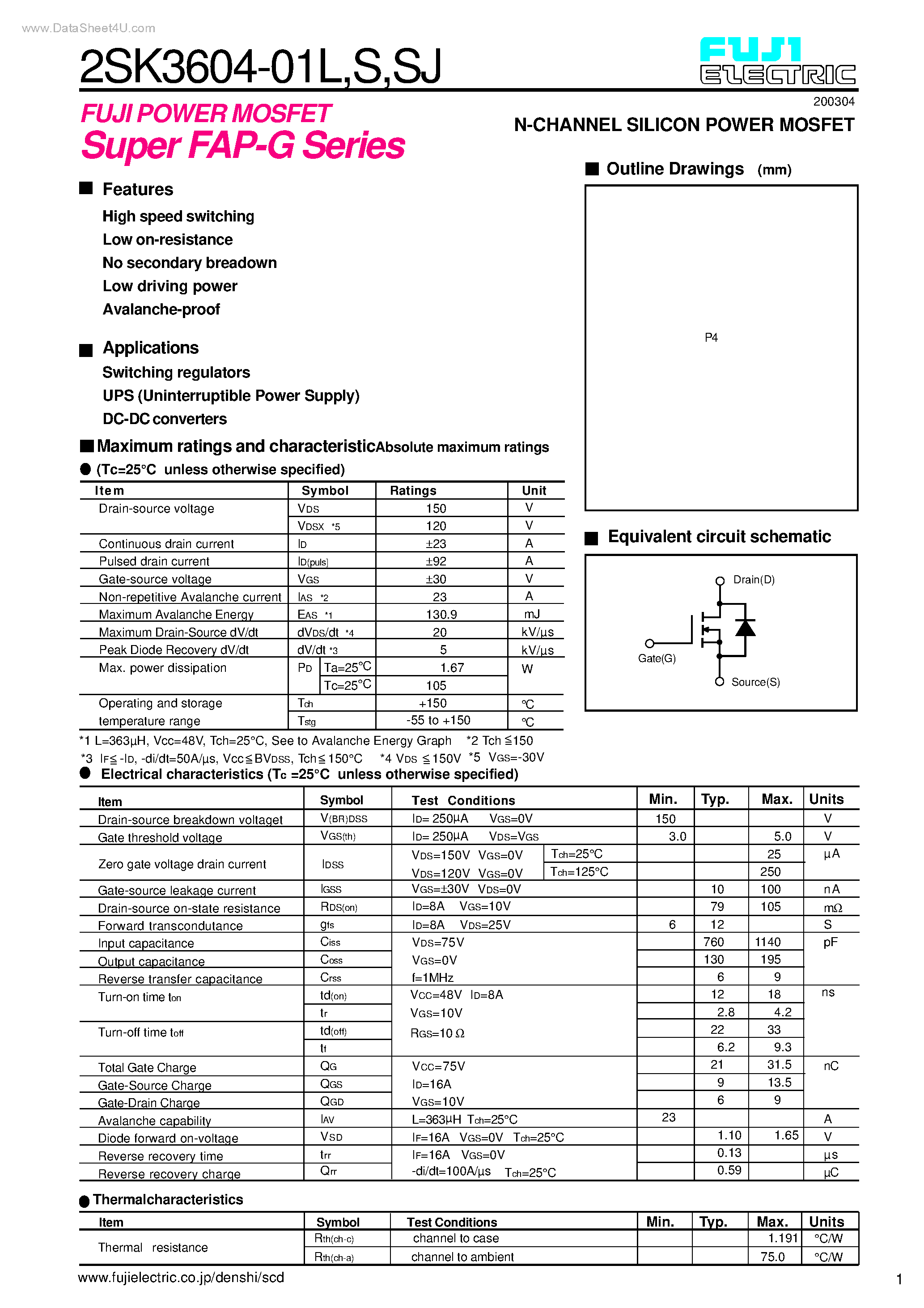 Datasheet 2SK3604-01L - N-CHANNEL SILICON POWER MOSFET page 1