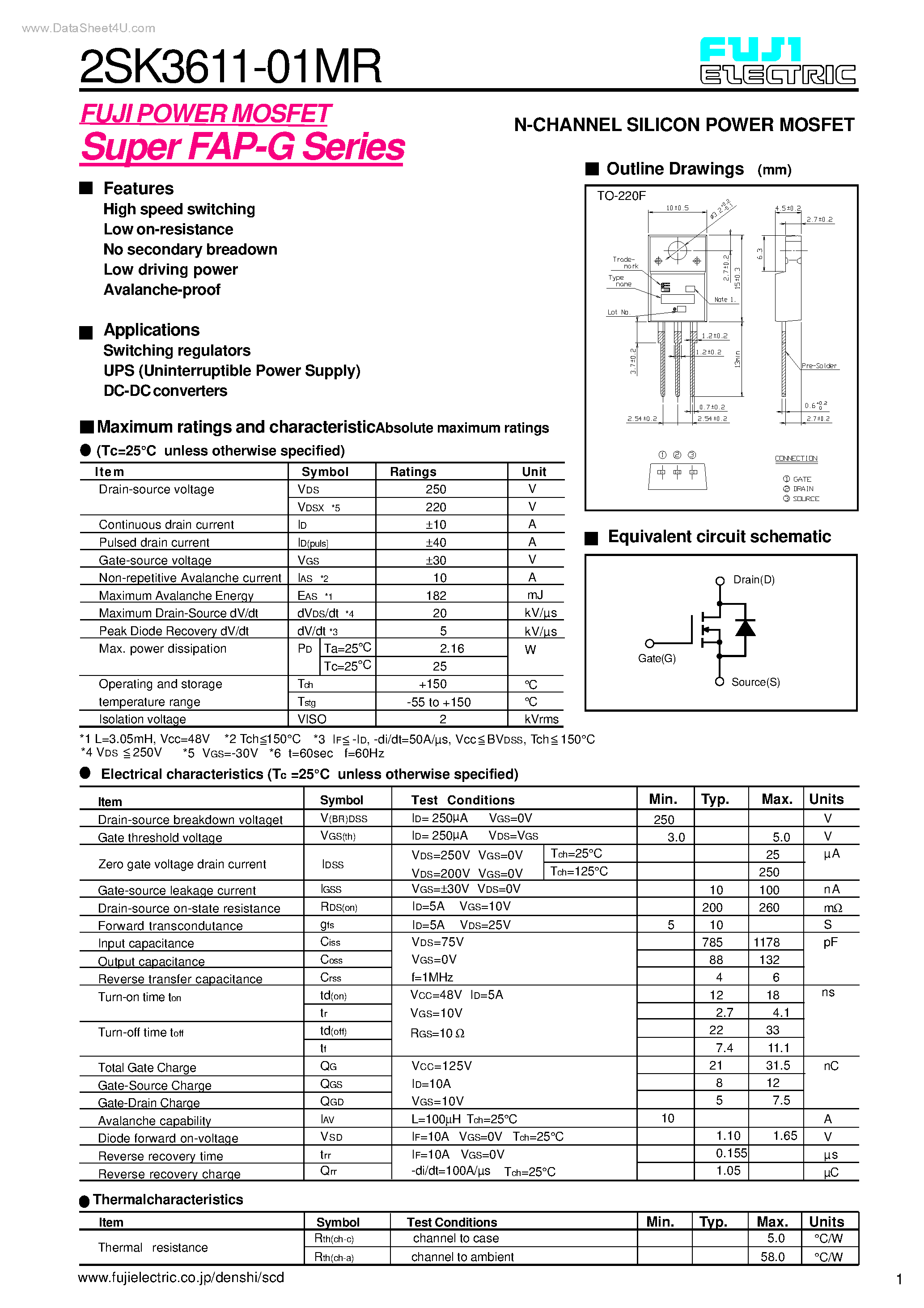Datasheet 2SK3611-01MR - N-CHANNEL SILICON POWER MOSFET page 1