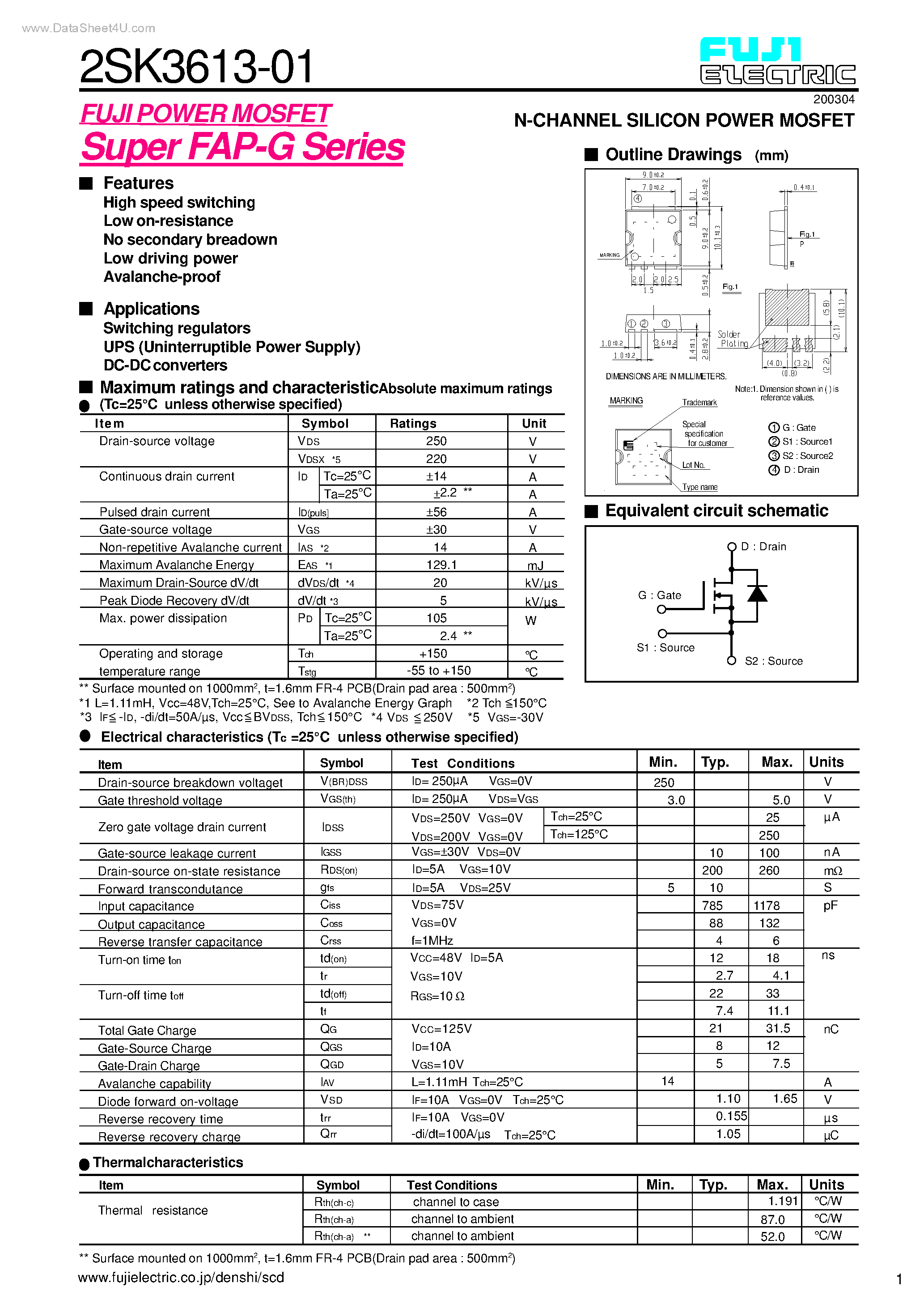 Datasheet 2SK3613-01 - N-CHANNEL SILICON POWER MOSFET page 1