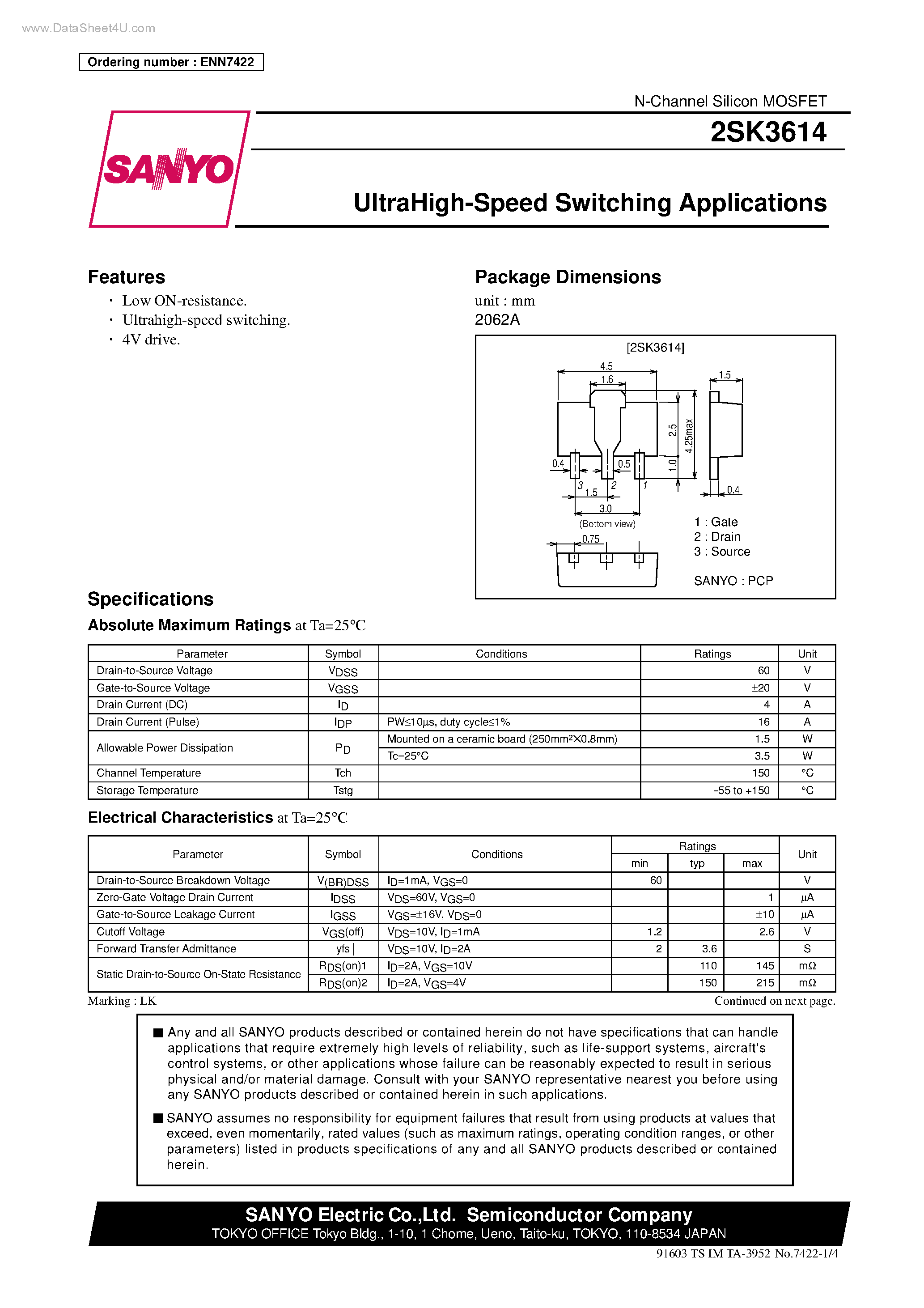 Datasheet 2SK3614 - UltraHigh-Speed Switching Applications page 1