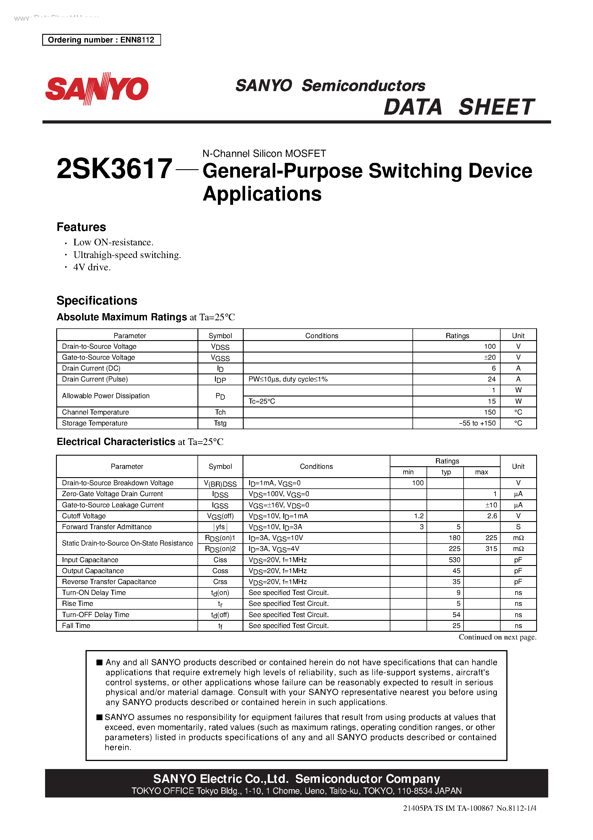 Datasheet 2SK3617 - General-Purpose Switching Device Applications page 1