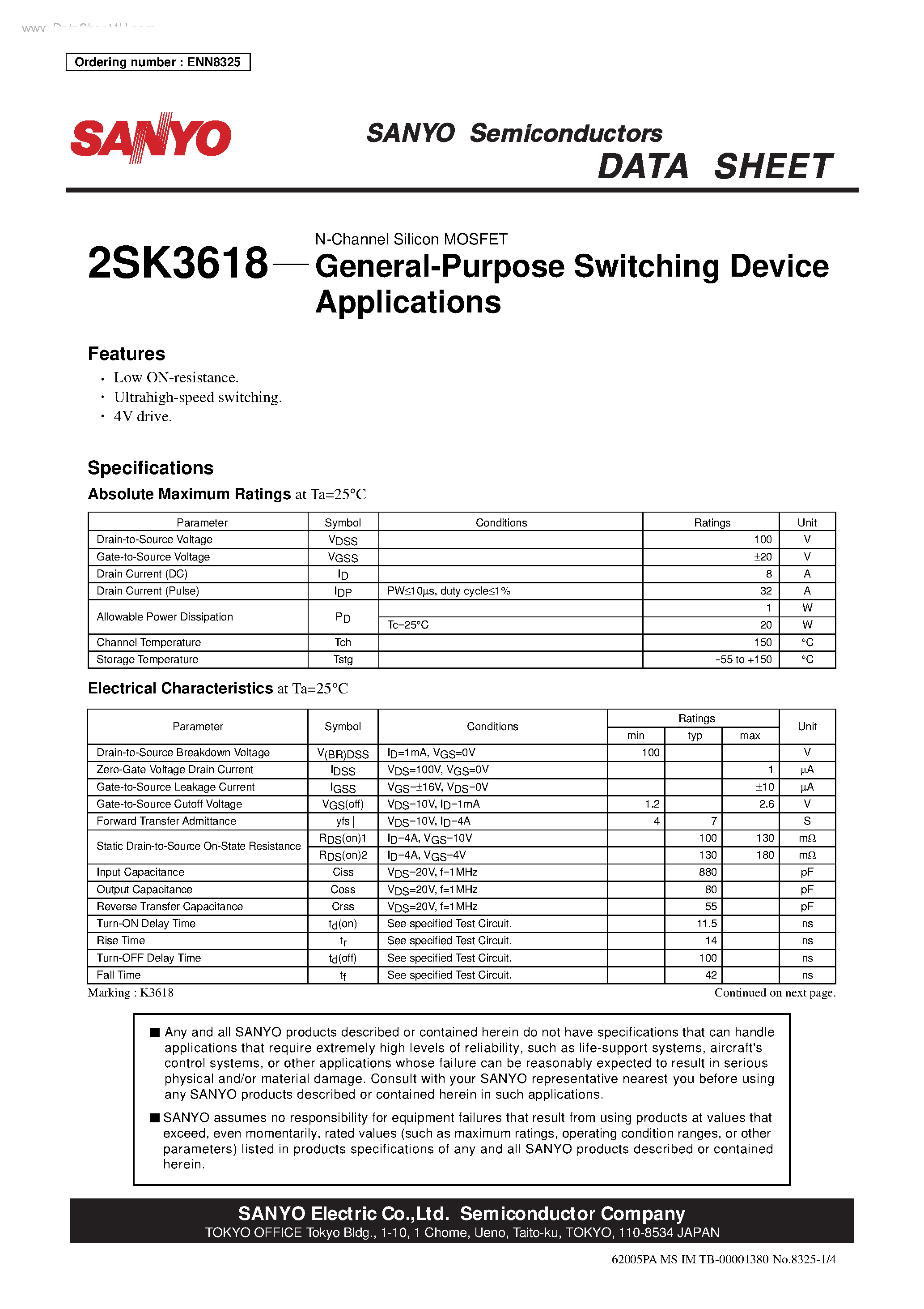 Datasheet 2SK3618 - General-Purpose Switching Device Applications page 1