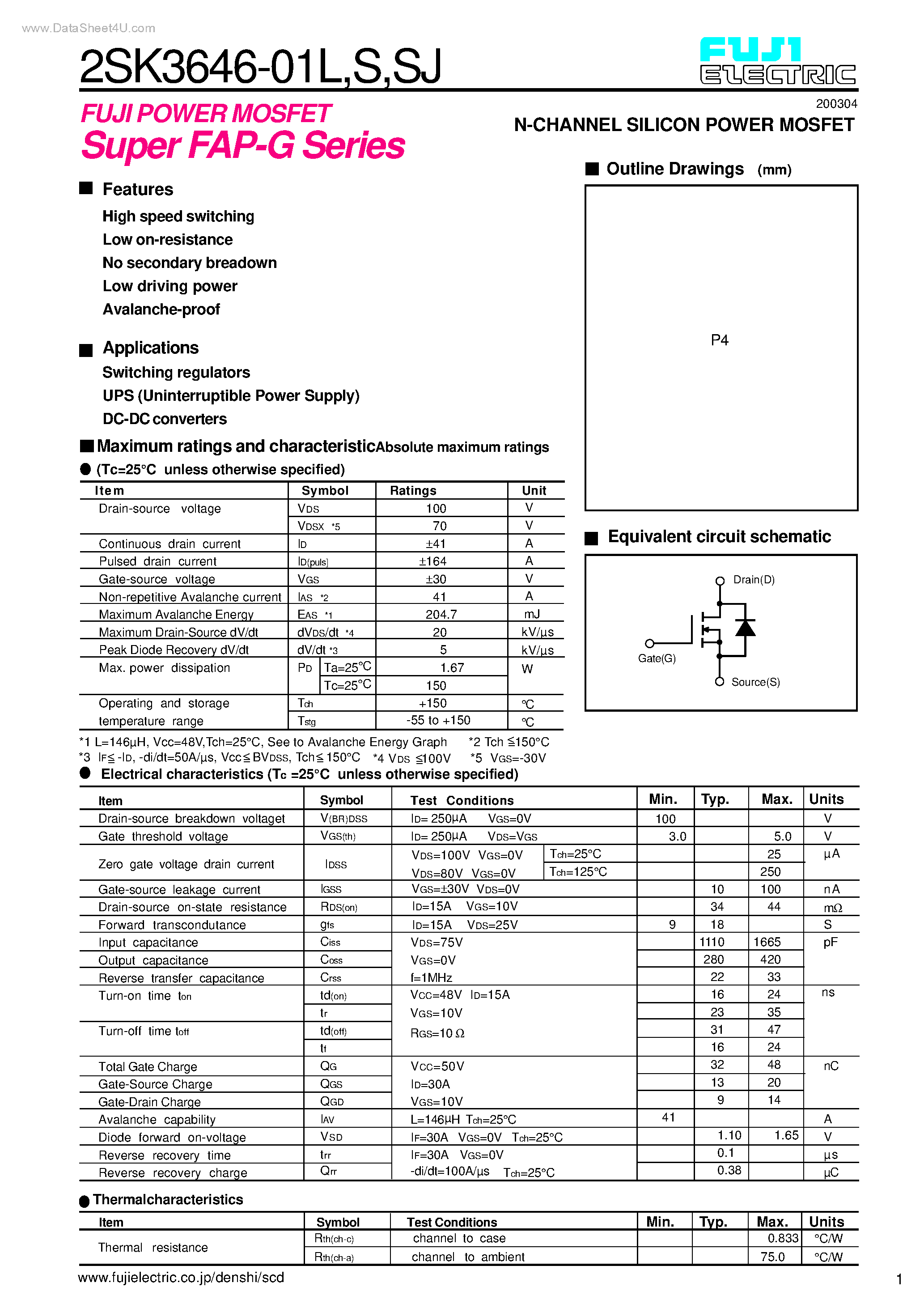 Datasheet 2SK3646-01L - N-CHANNEL SILICON POWER MOSFET page 1