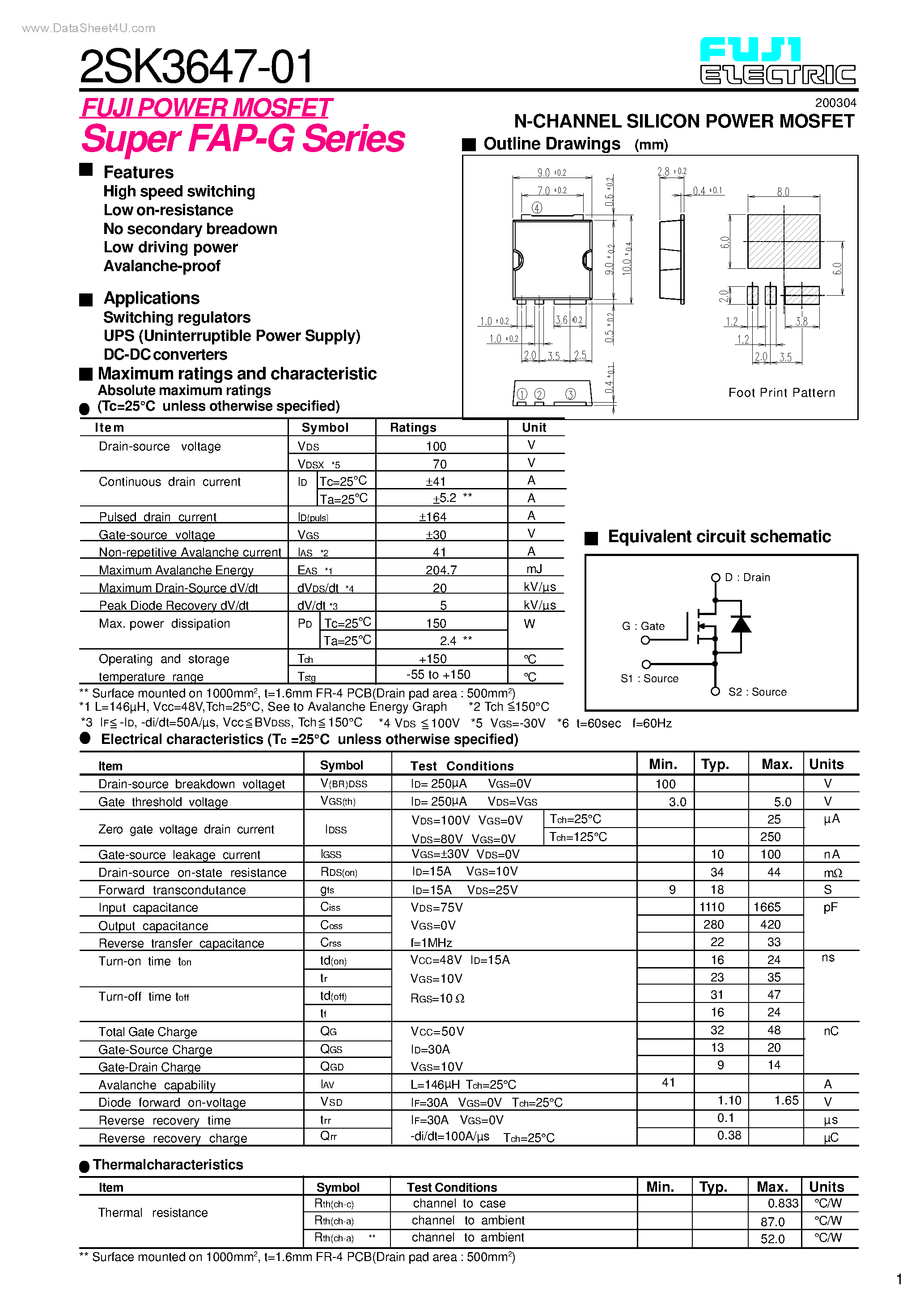Datasheet 2SK3647-01 - N-CHANNEL SILICON POWER MOSFET page 1