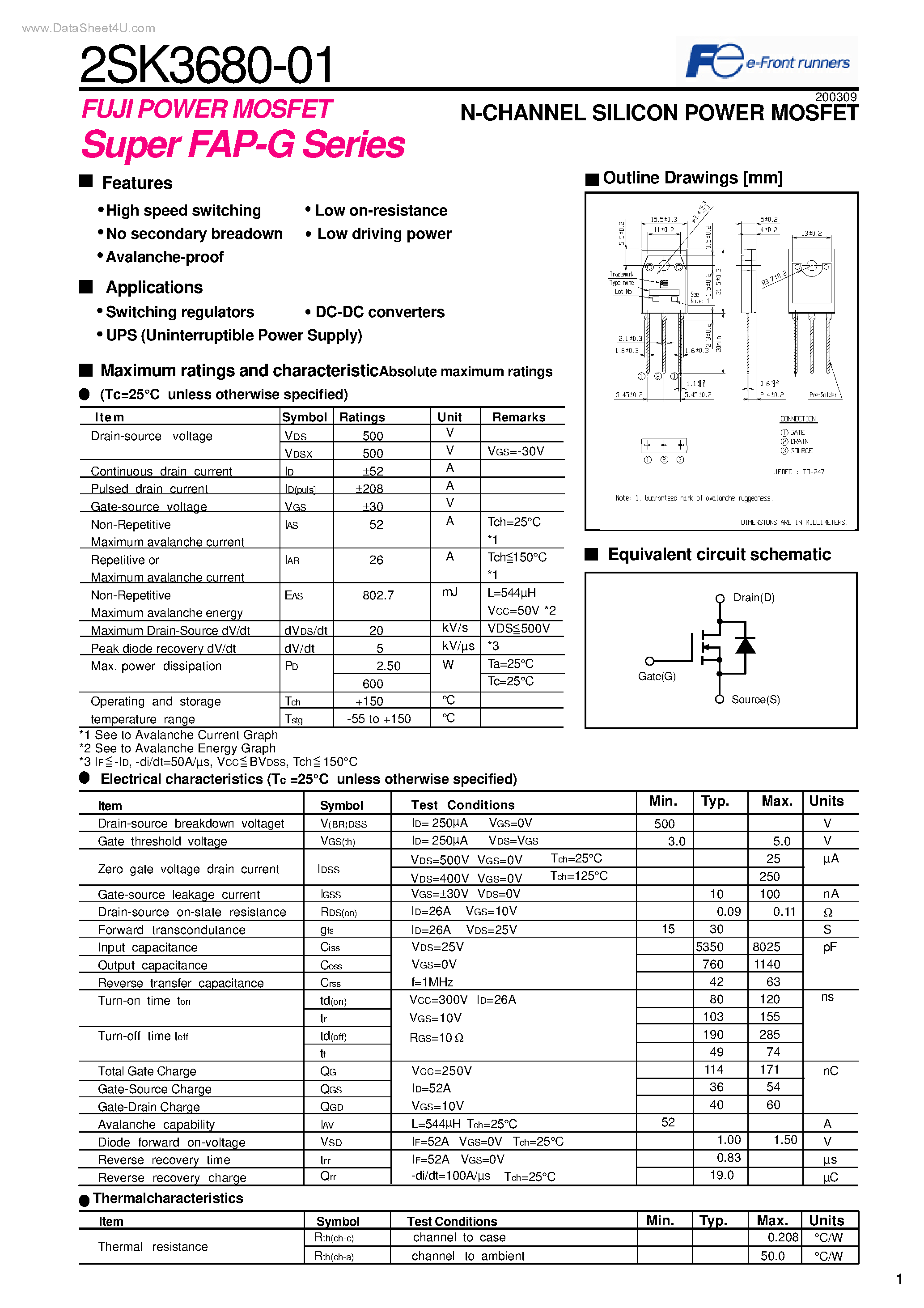 Datasheet 2SK3680-01 - N-CHANNEL SILICON POWER MOSFET page 1