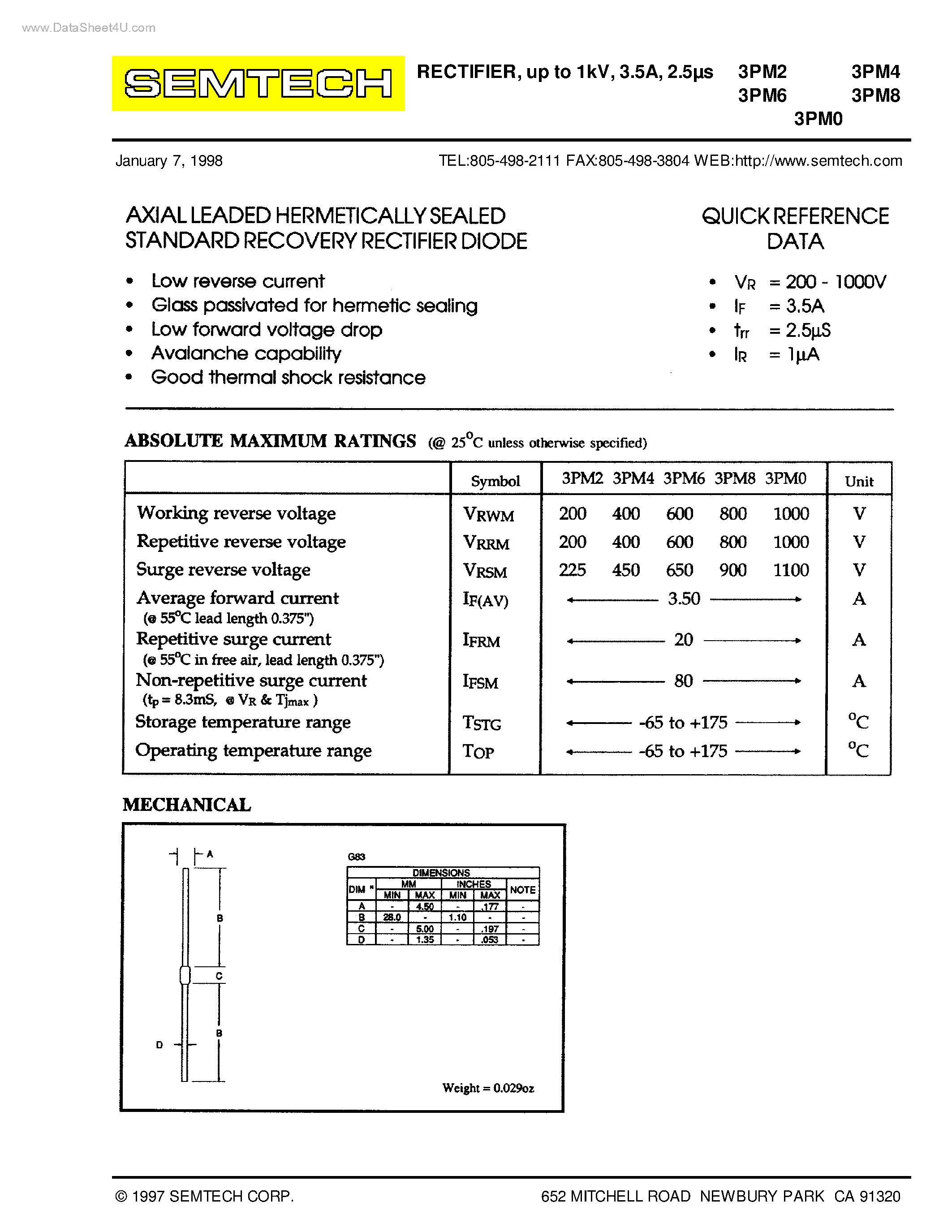 Datasheet 3PM0 page 1 Datasheet 3PM0 - (3PM0 - 3PM8) AXIAL LEADED HERMETICALLY SEALED STANDARD RECOVERY RECTIFIER DIODE page 1