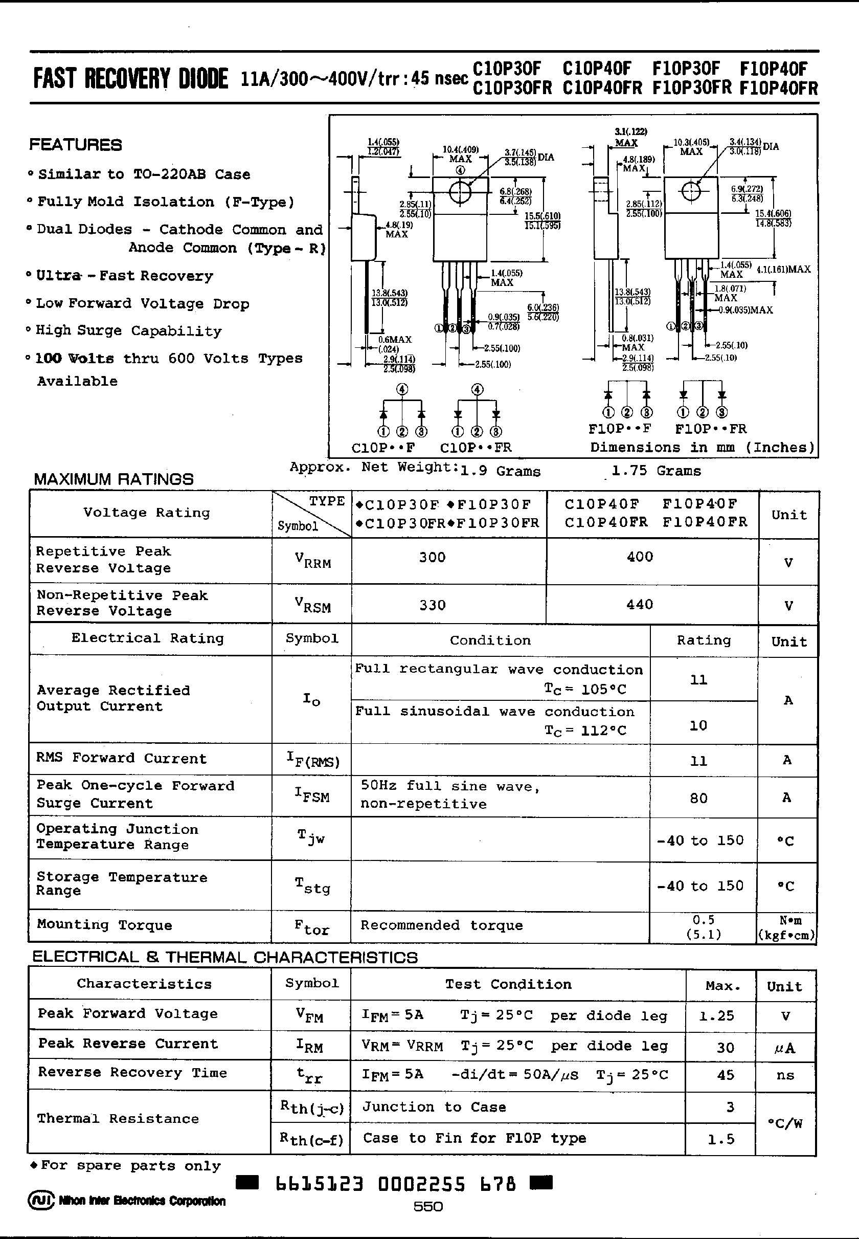 Datasheet C10P30F page 1 Datasheet C10P30F - (C10P30F / C10P40F) FAST RECOVERY DIODE page 1