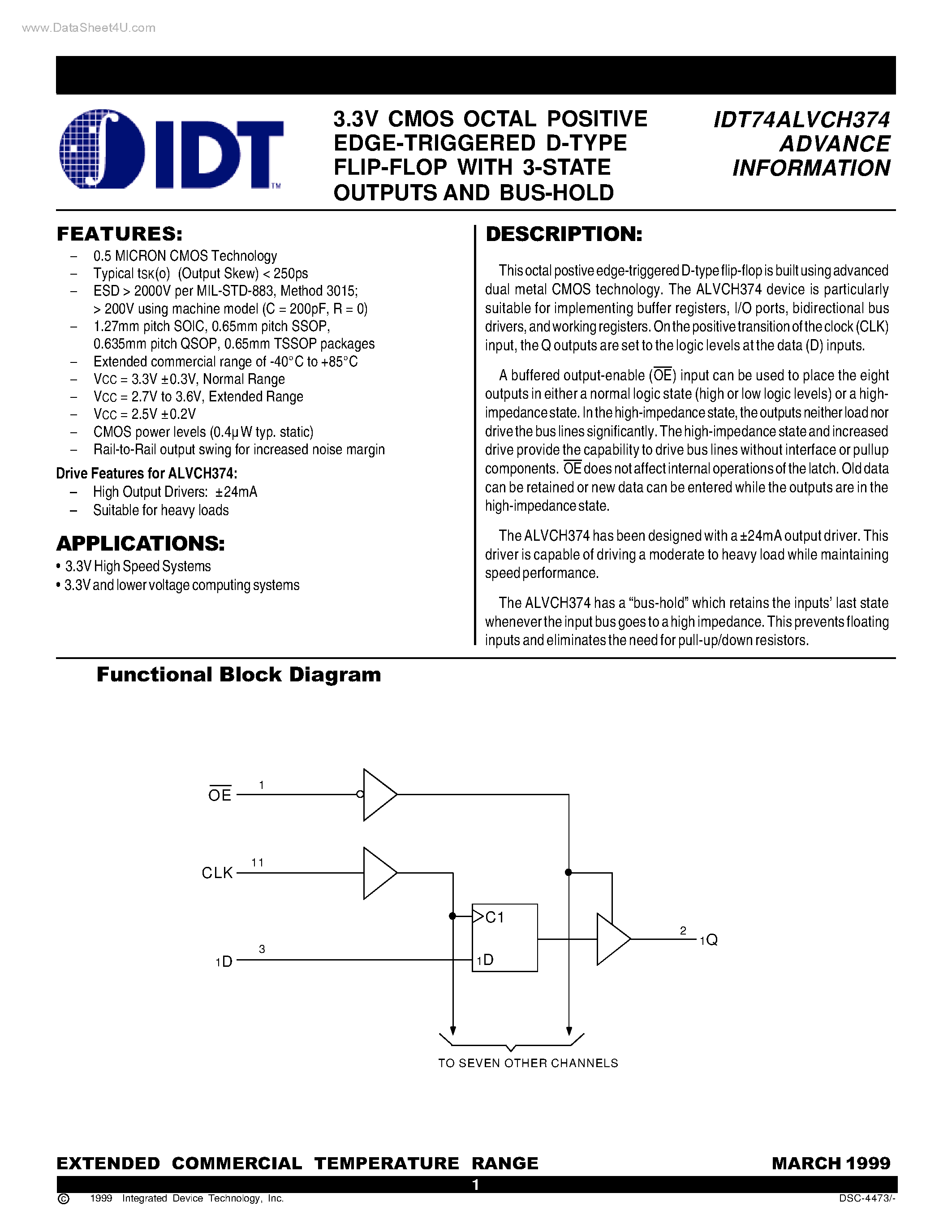 Datasheet IDT74ALVCH374 - 3.3V CMOS OCTAL POSITIVE EDGE-TRIGGERED D-TYPE FLIP-FLOP page 1