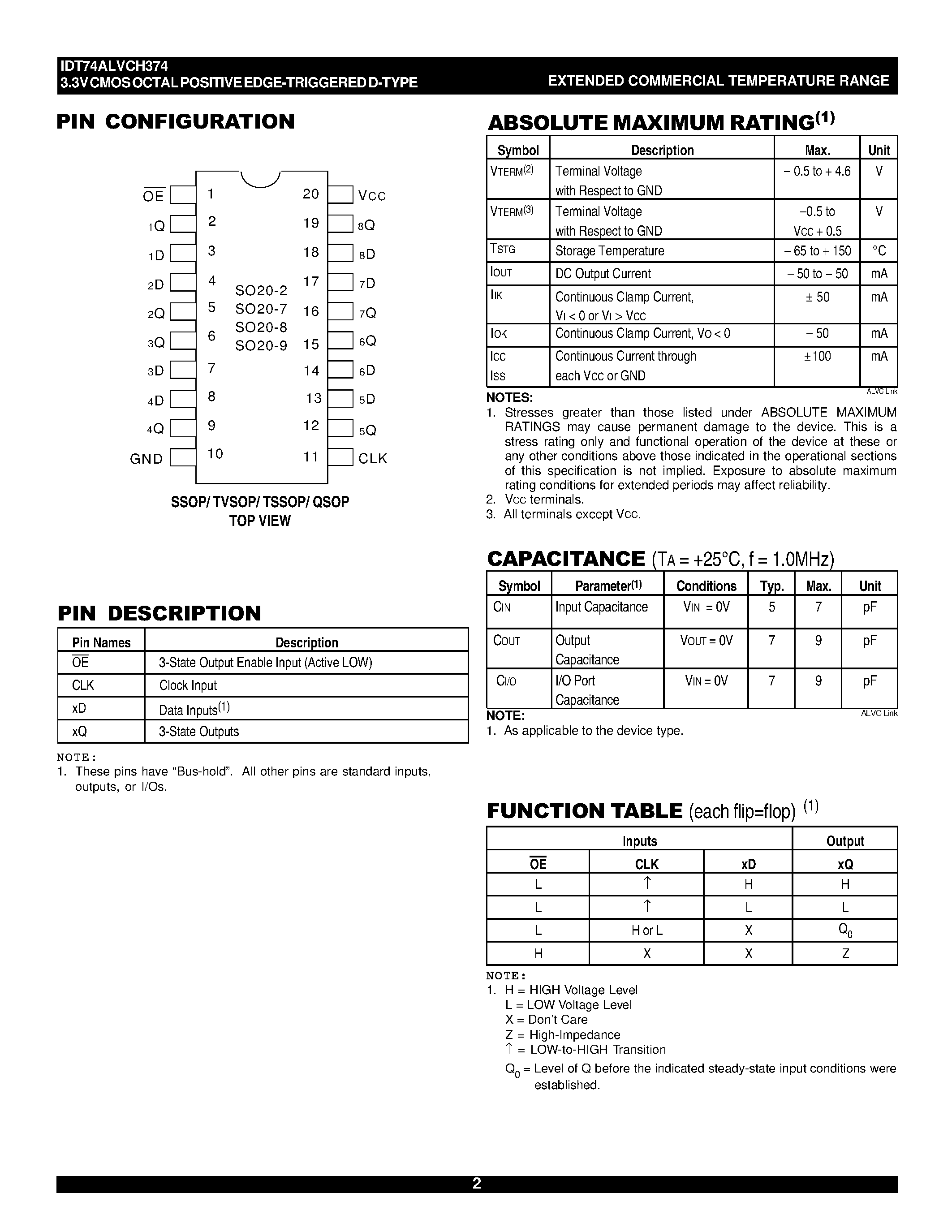Datasheet IDT74ALVCH374 - 3.3V CMOS OCTAL POSITIVE EDGE-TRIGGERED D-TYPE FLIP-FLOP page 2