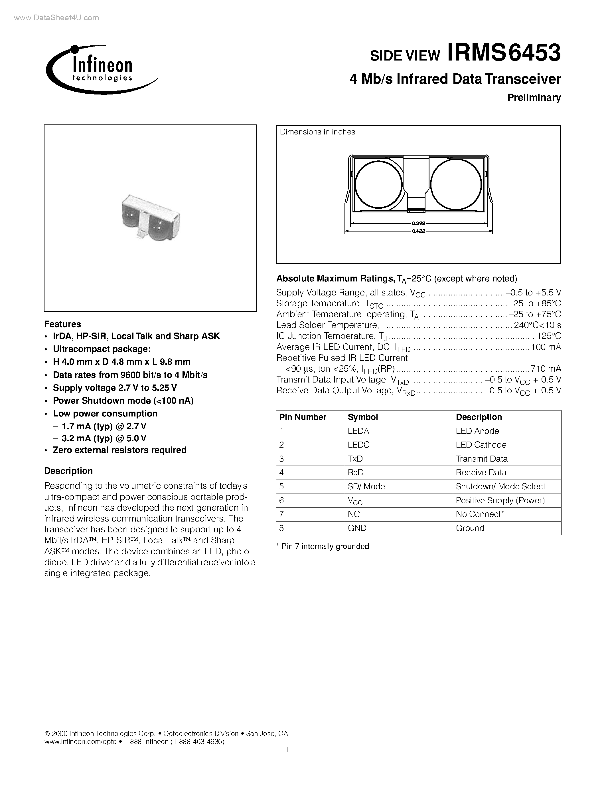Даташит IRMS6453 - 4 Mb/s Infrared Data Transceiver страница 1