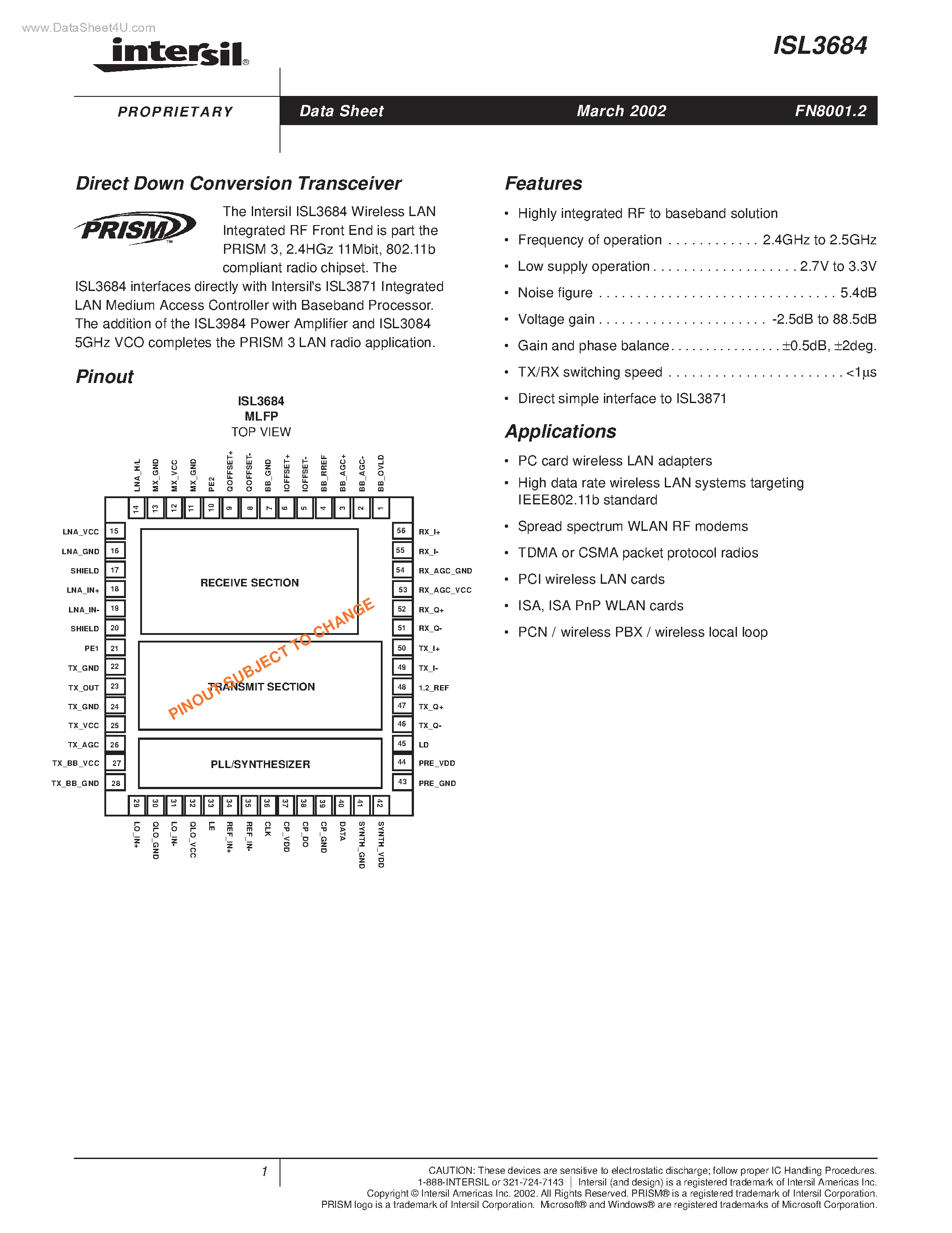 Даташит ISL3684 - Direct Down Conversion Transceiver страница 1