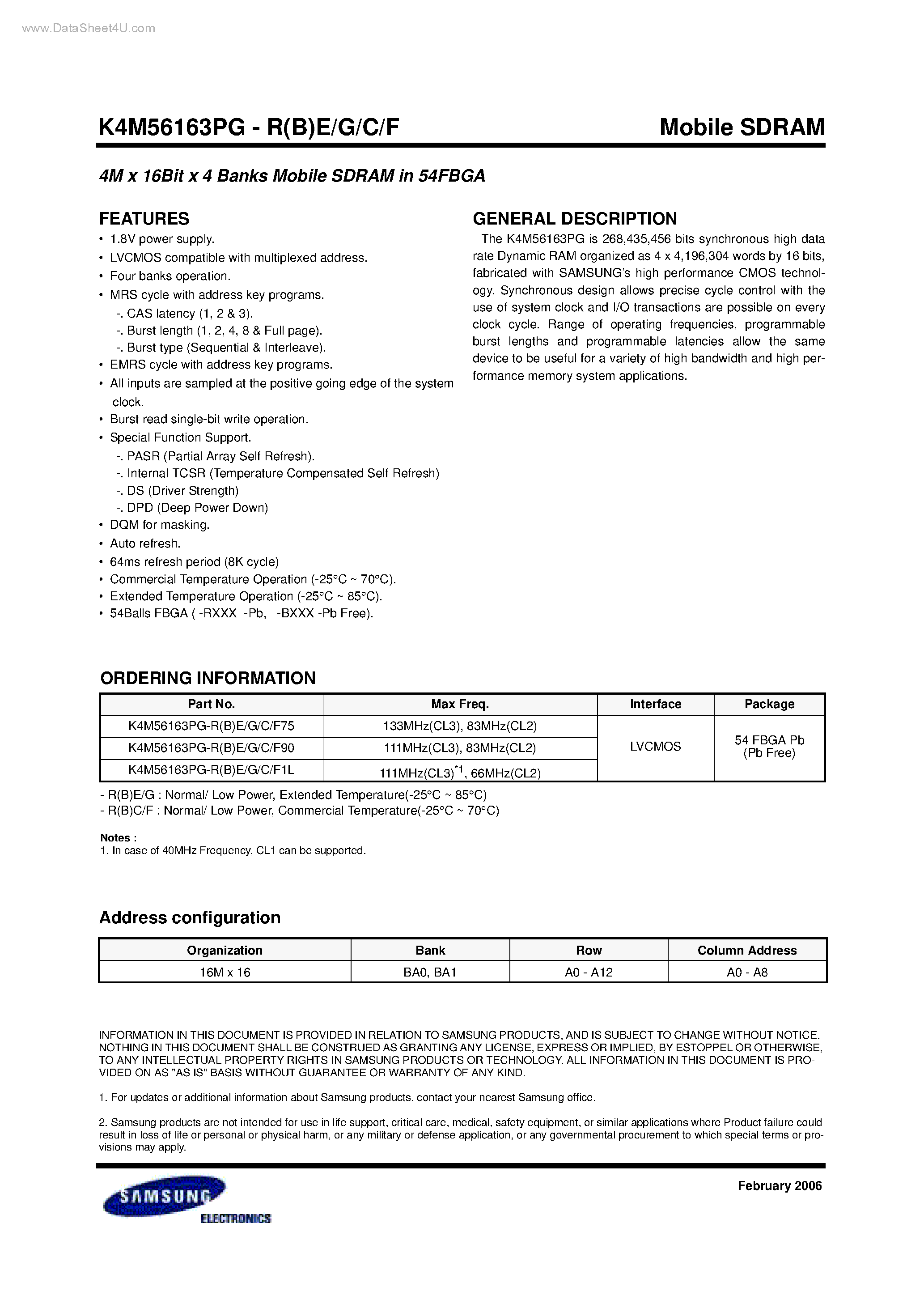 Datasheet K4M56163PG page 1 Datasheet K4M56163PG - 4M x 16Bit x 4 Banks Mobile SDRAM page 1