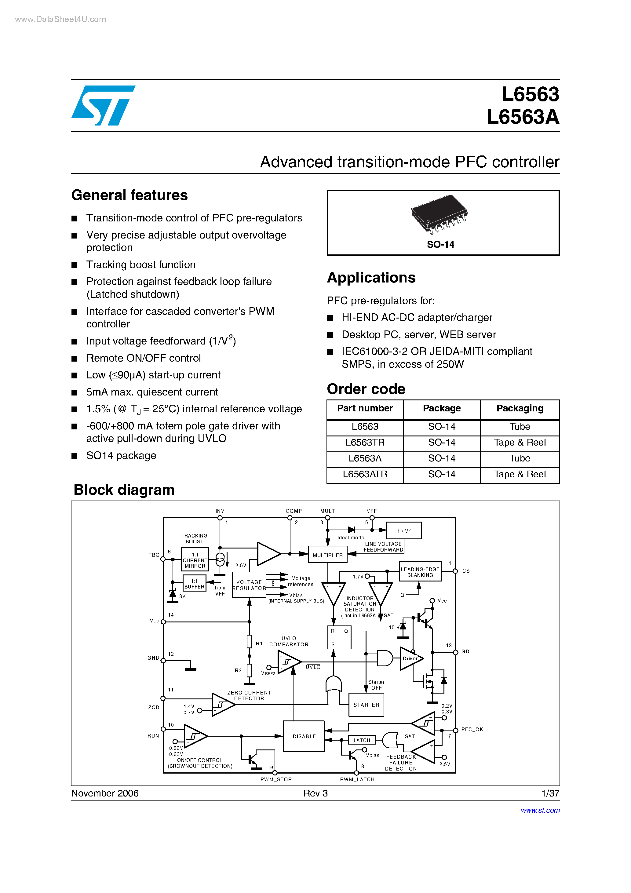 Datasheet L6563 page 1 Datasheet L6563 - ADVANCED TRANSITION-MODE PFC CONTROLLER page 1