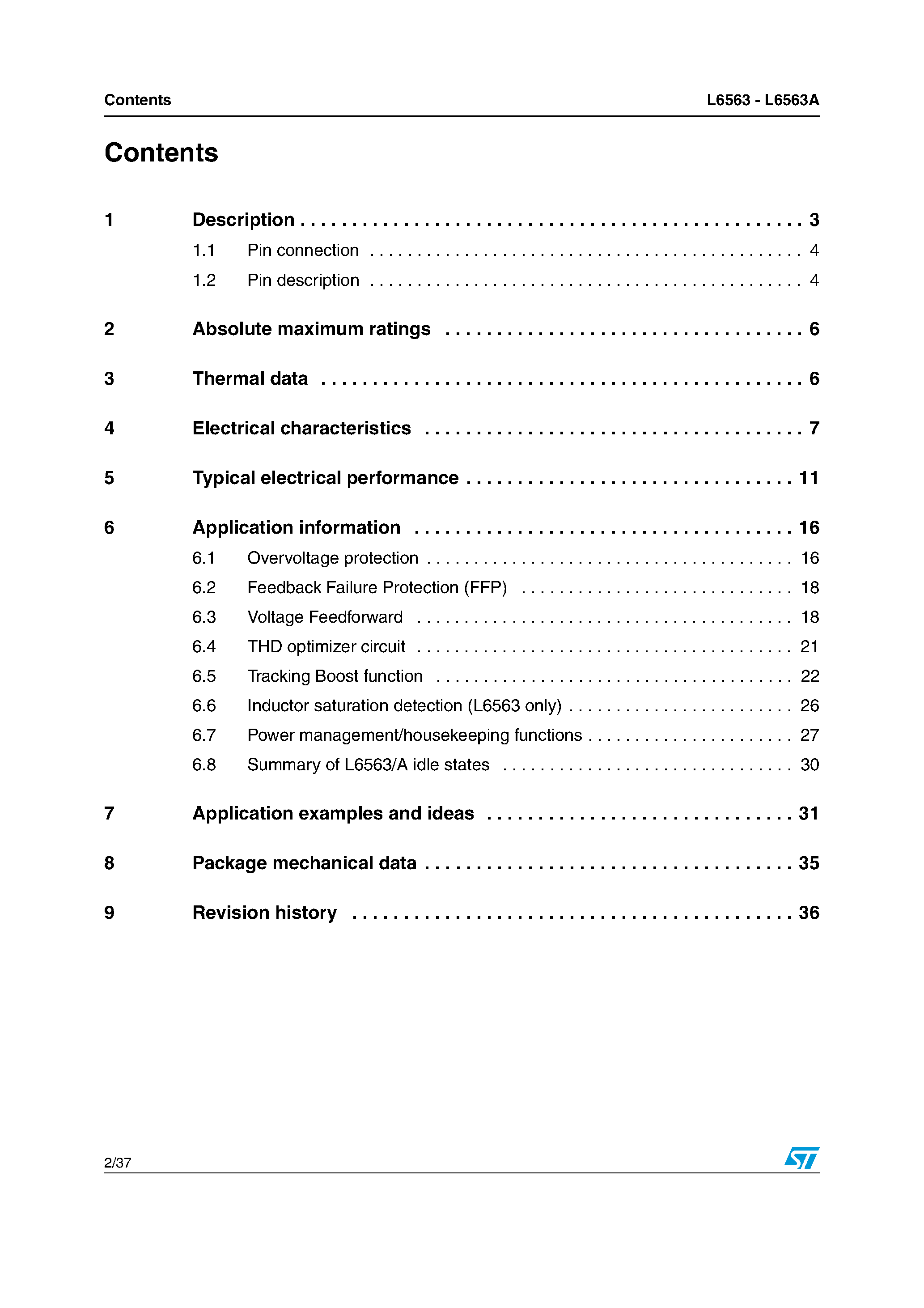Datasheet L6563 page 2 Datasheet L6563 - ADVANCED TRANSITION-MODE PFC CONTROLLER page 2