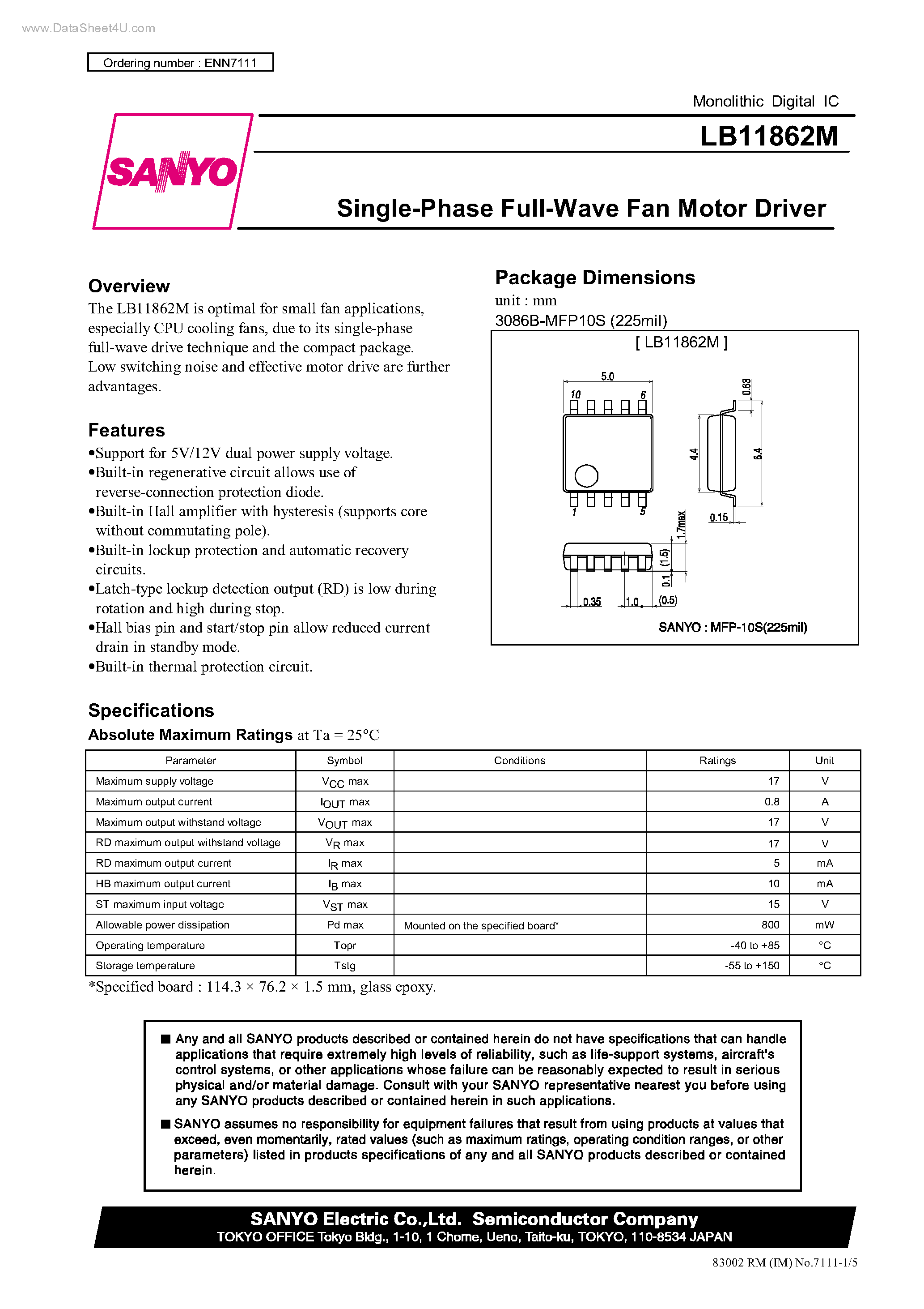 Datasheet LB11862M - Single-Phase Full-Wave Fan Motor Driver page 1