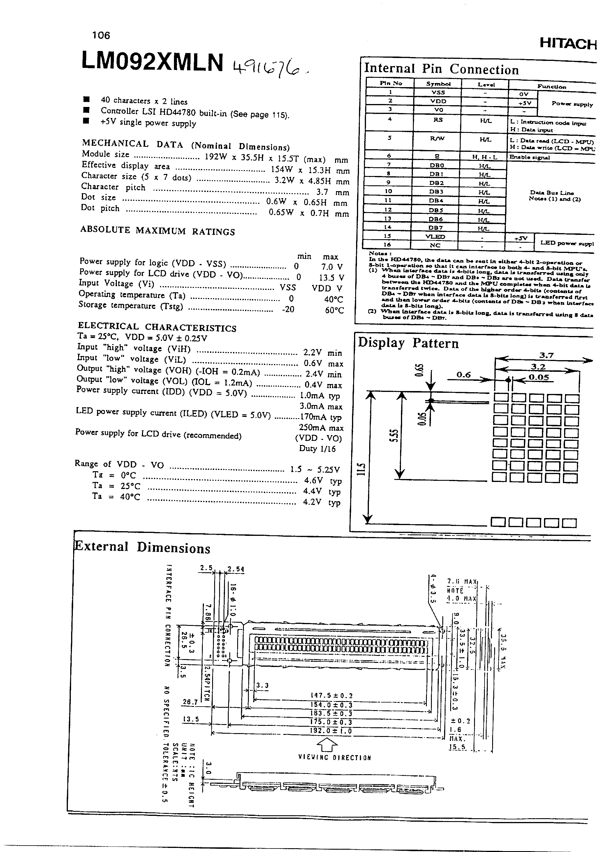 Datasheet LM092XMLN - 40 characters x 2 lines LCD page 1