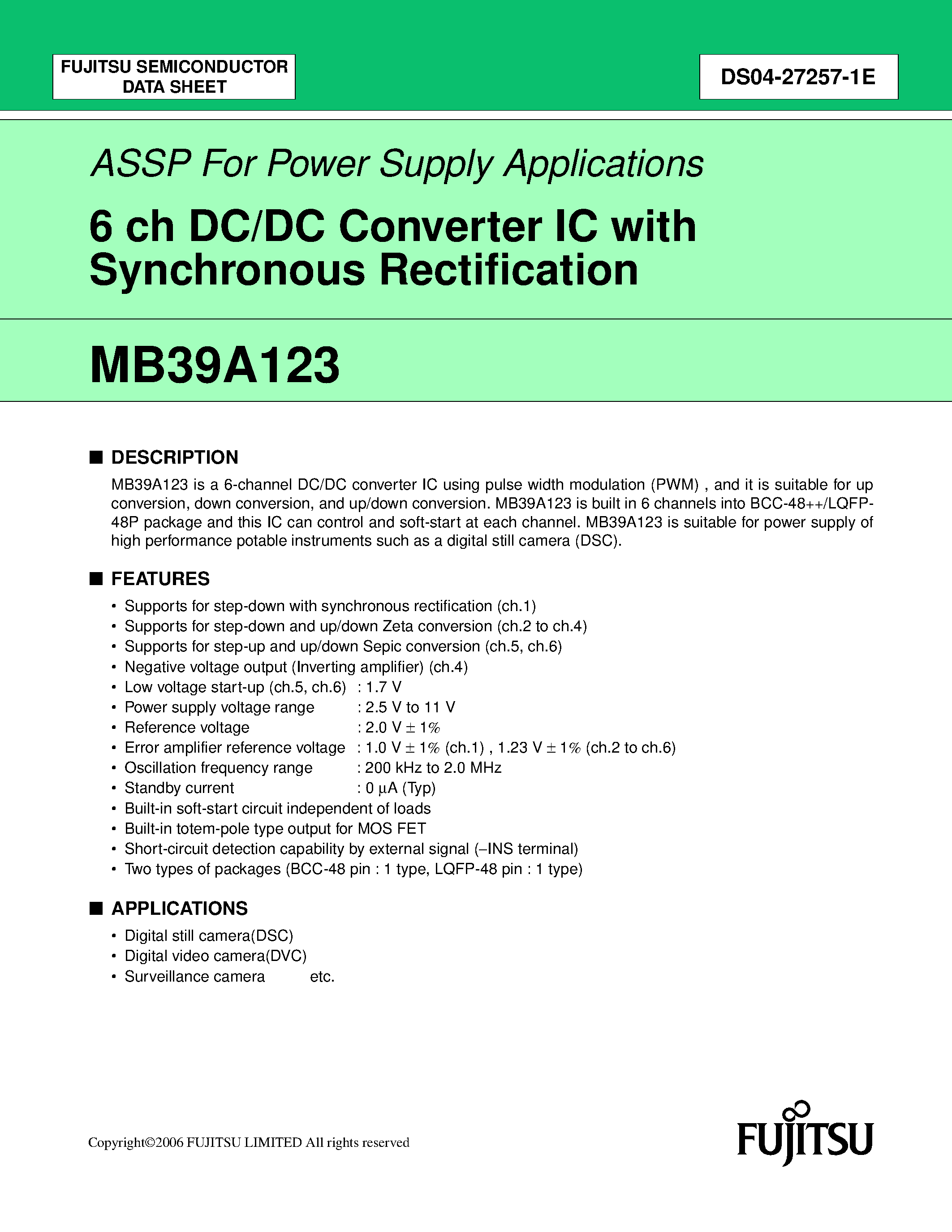 Datasheet MB39A123 - 6 ch DC/DC Converter IC page 1