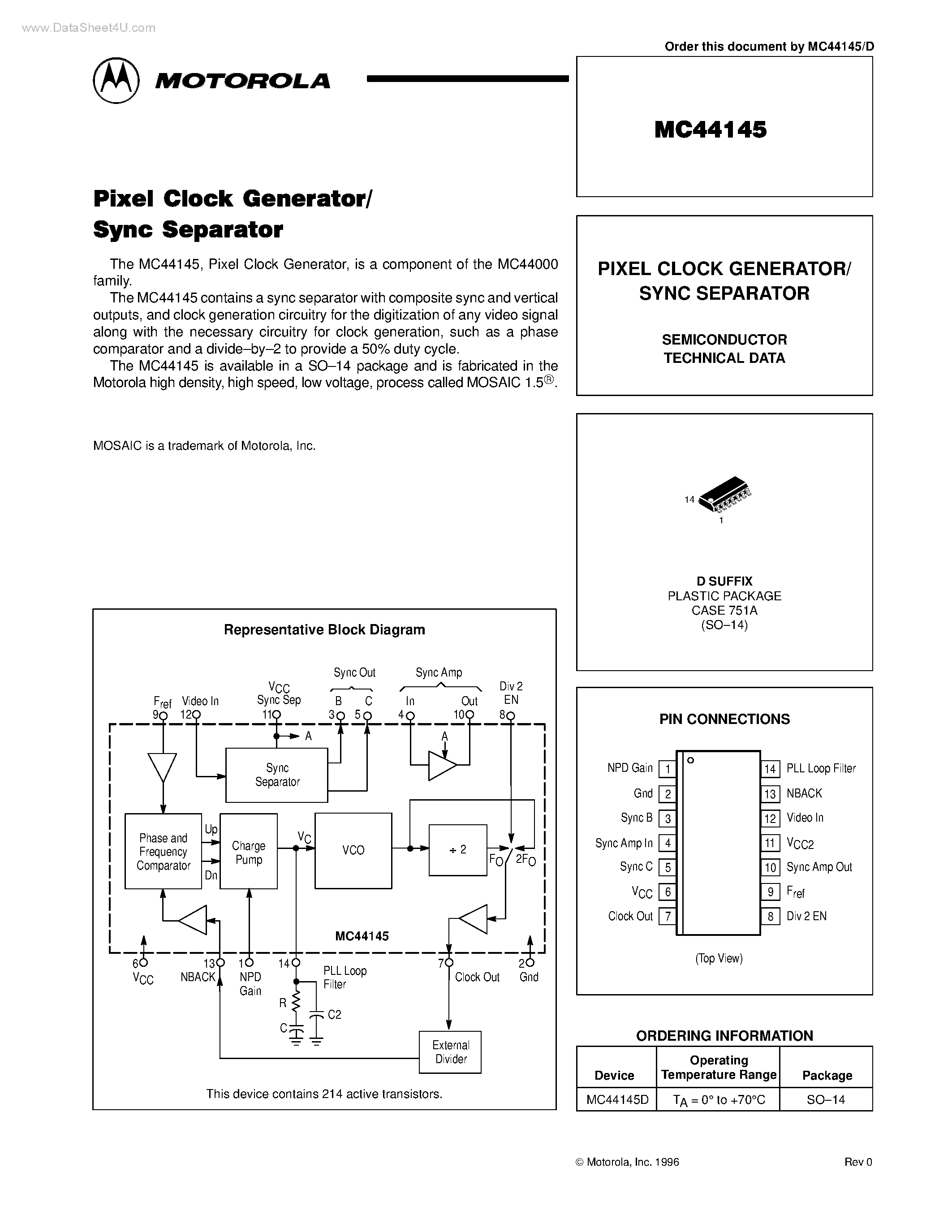 Datasheet MC44145 page 1 Datasheet MC44145 - PIXEL CLOCK GENERATOR / SYNC SEPARATOR page 1