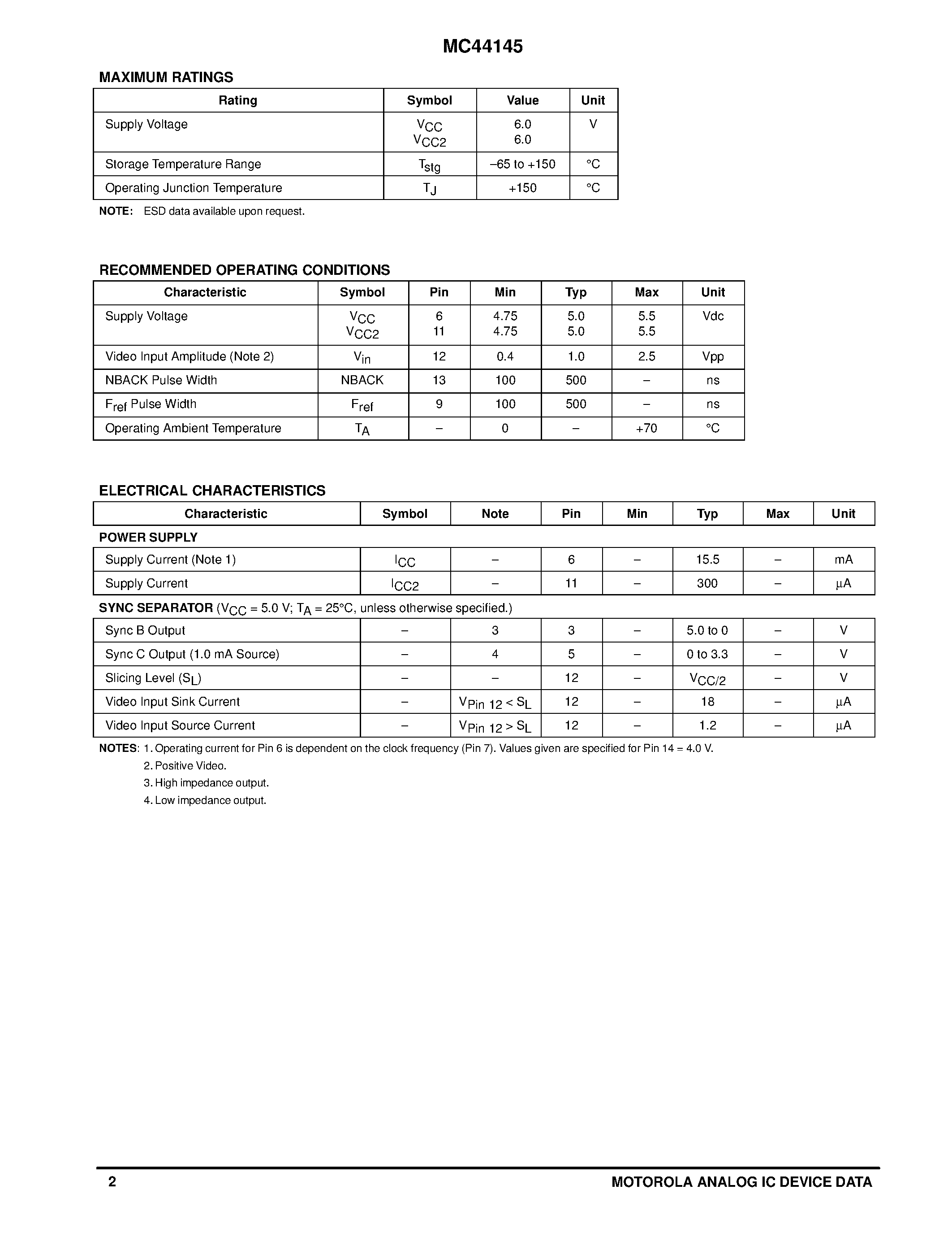 Datasheet MC44145 page 2 Datasheet MC44145 - PIXEL CLOCK GENERATOR / SYNC SEPARATOR page 2