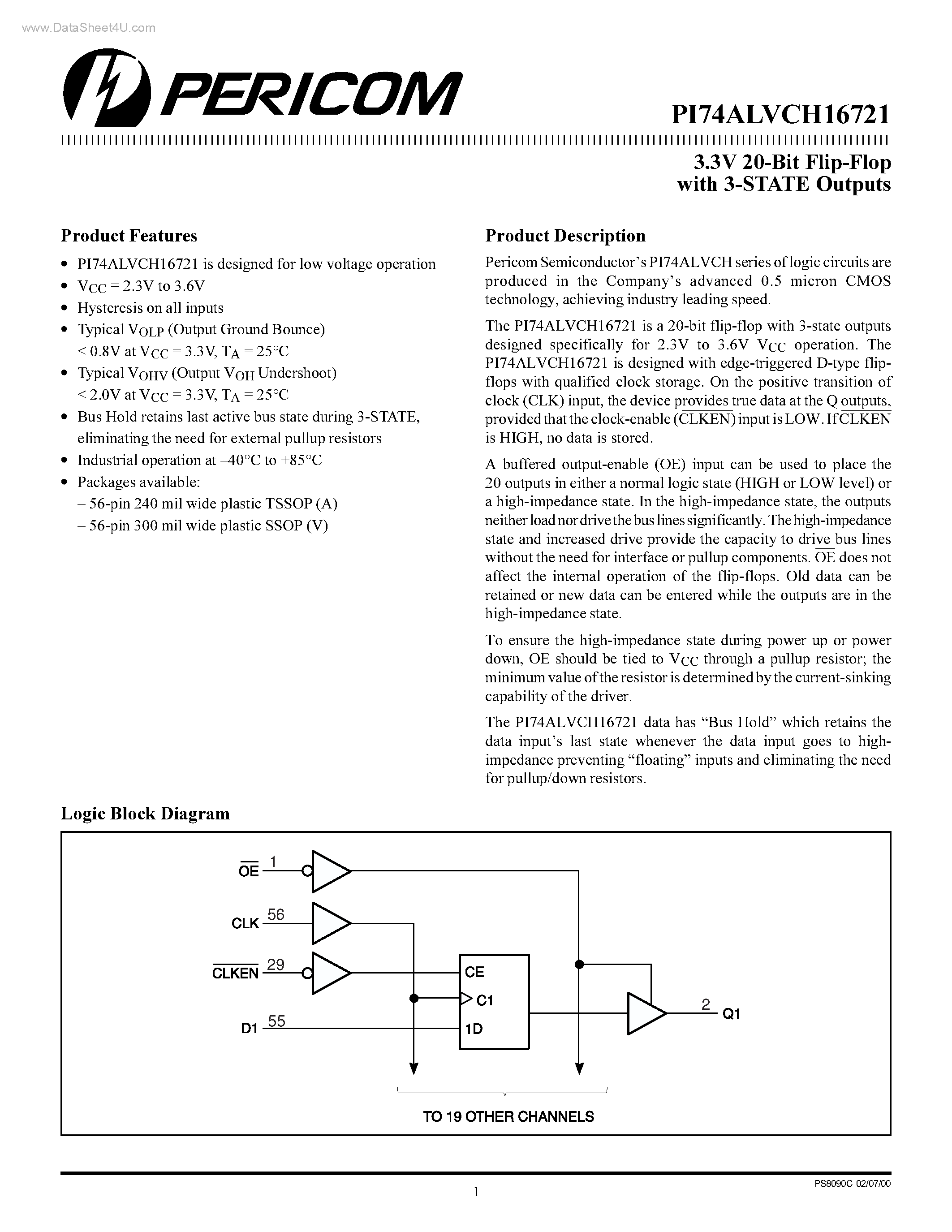 Datasheet PI74ALVCH16721 page 1 Datasheet PI74ALVCH16721 - 3.3V 20-Bit Flip-Flop page 1