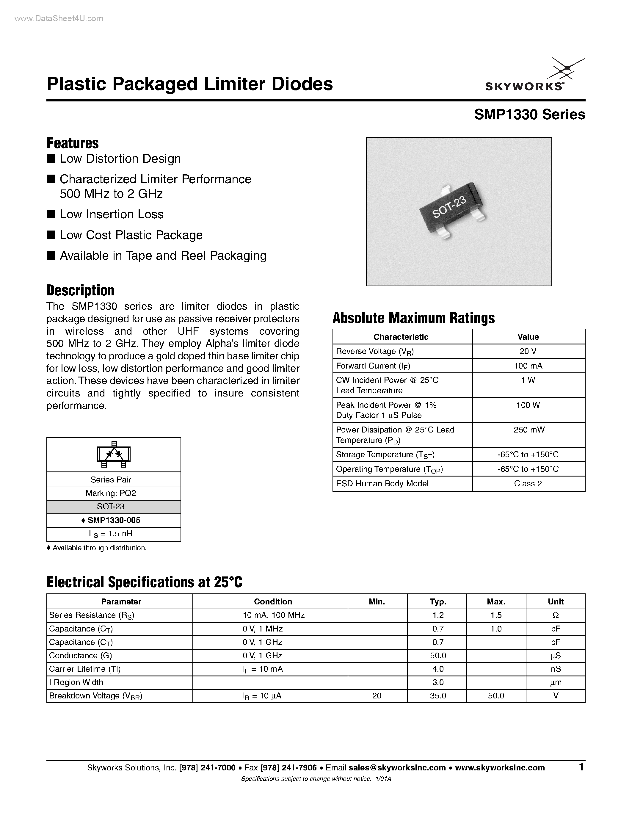 Datasheet SMP1330 - Plastic Packaged Limiter Diodes page 1