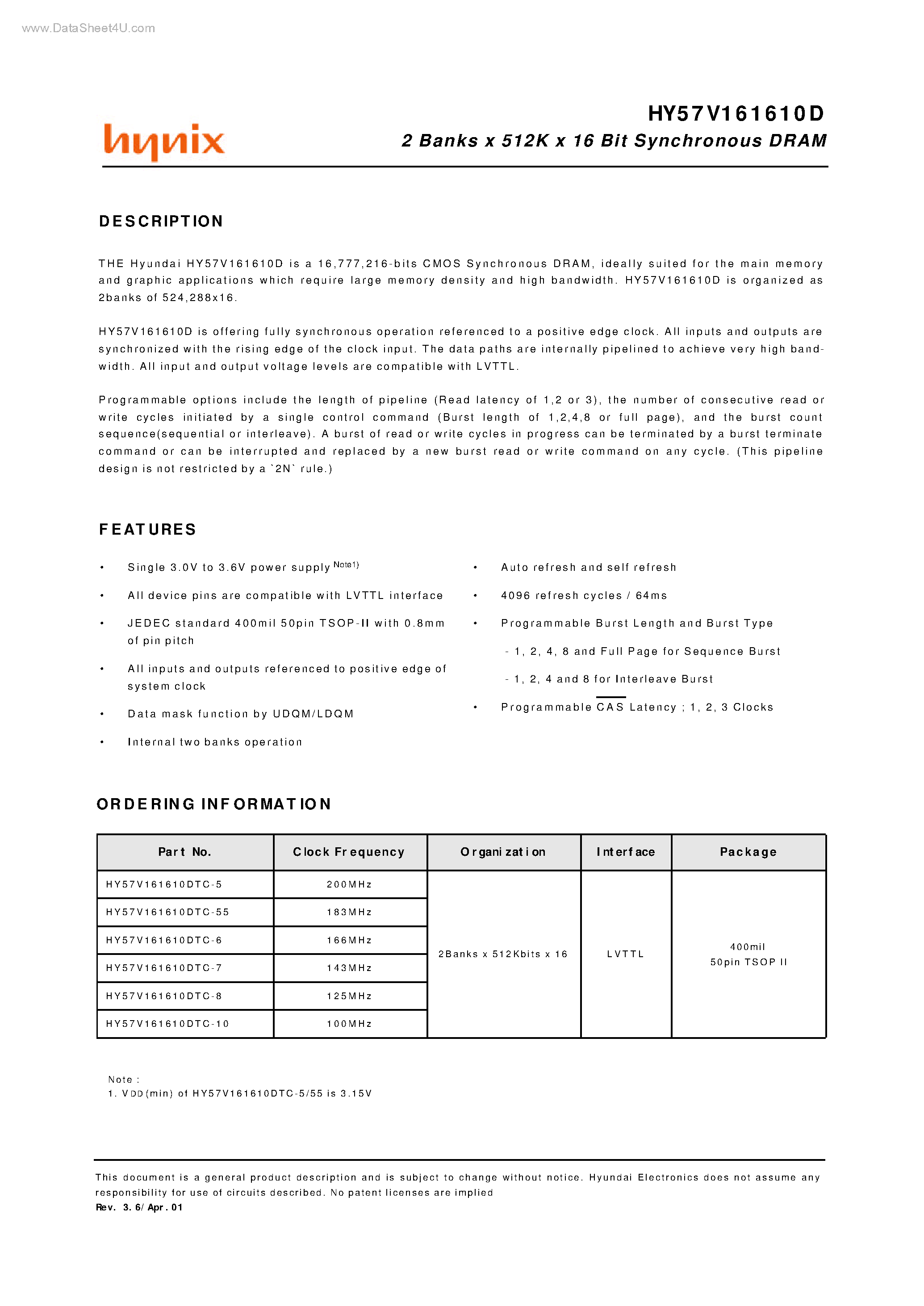Datasheet HY67V161610D - 2 Banks x 512K x 16 Bit Synchronous DRAM page 1
