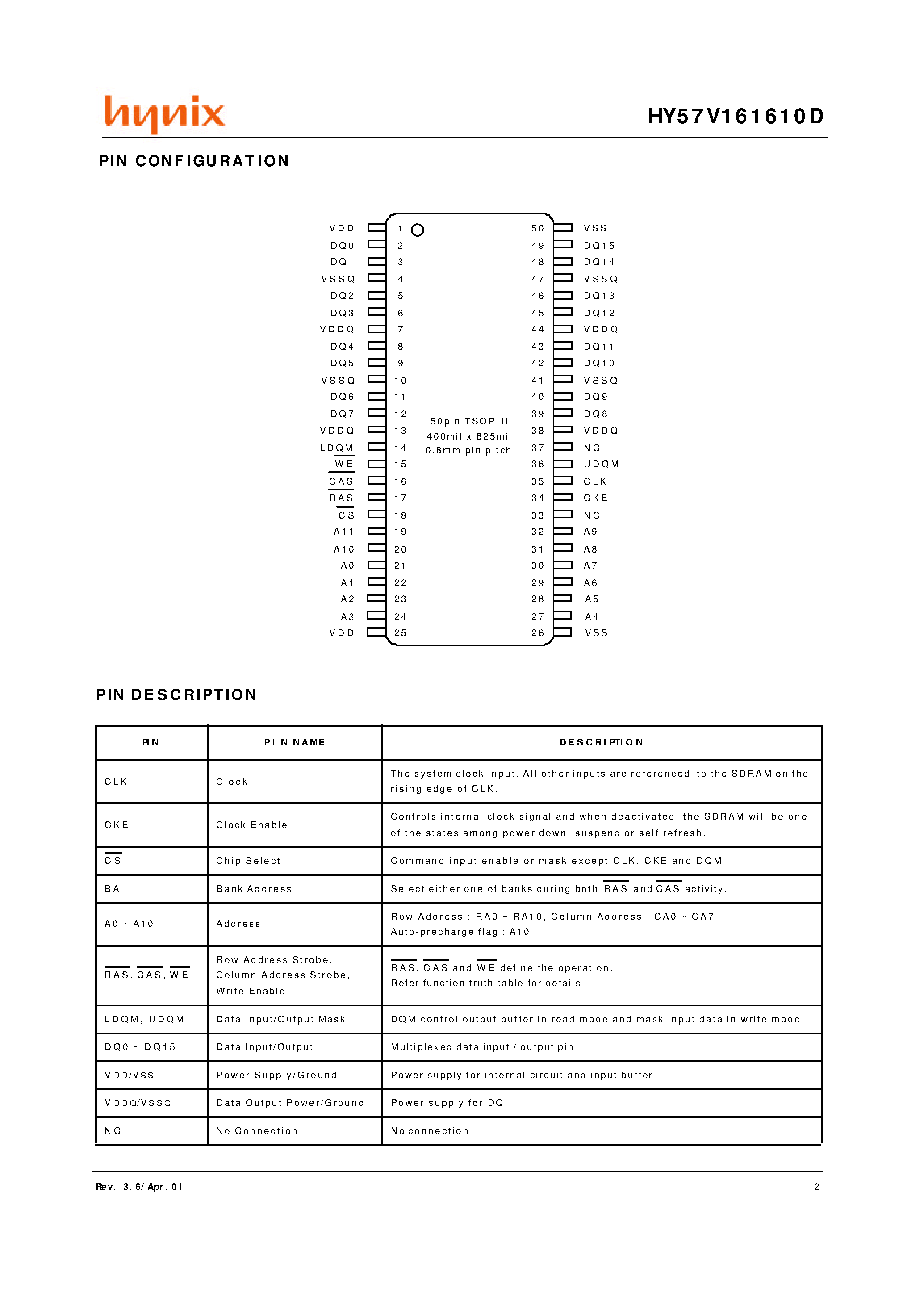 Datasheet HY67V161610D - 2 Banks x 512K x 16 Bit Synchronous DRAM page 2