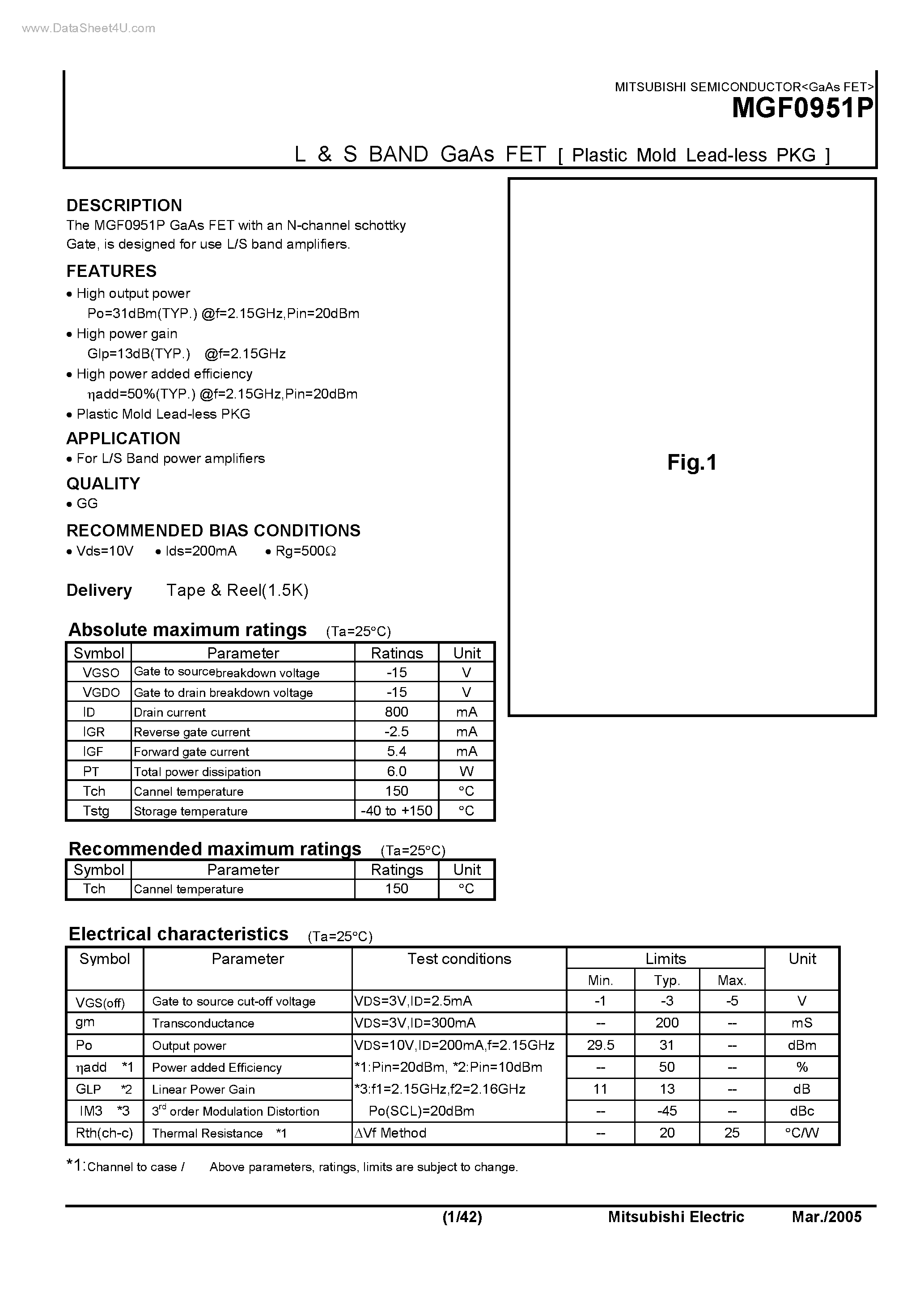 Datasheet MGF0951P page 1 Datasheet MGF0951P - L & S BAND GaAs FET page 1