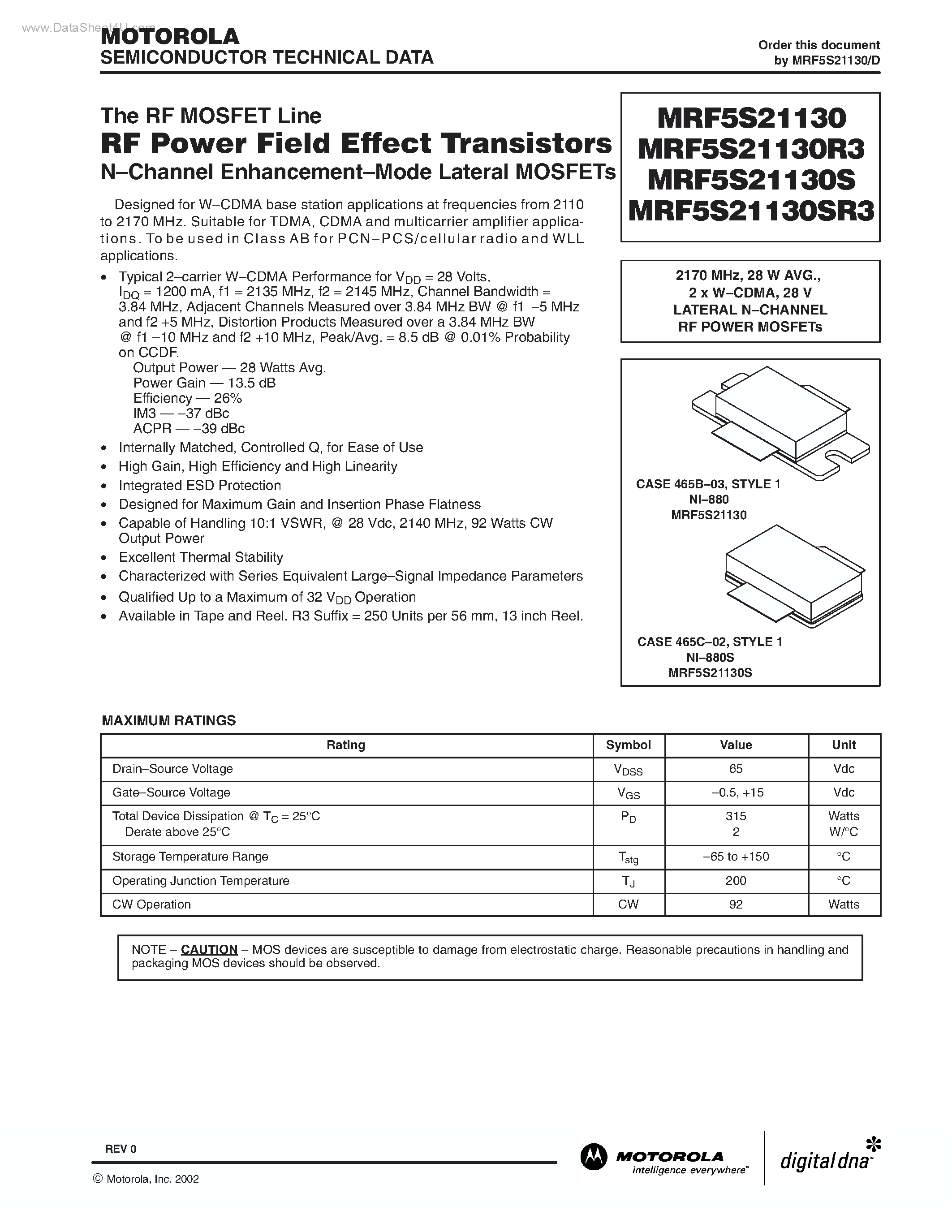 Datasheet MRF5S21130 - The RF MOSFET Line RF Power Field Effect Transistor N-Channel Enhancement-Mode Lateral MOSFETs page 1
