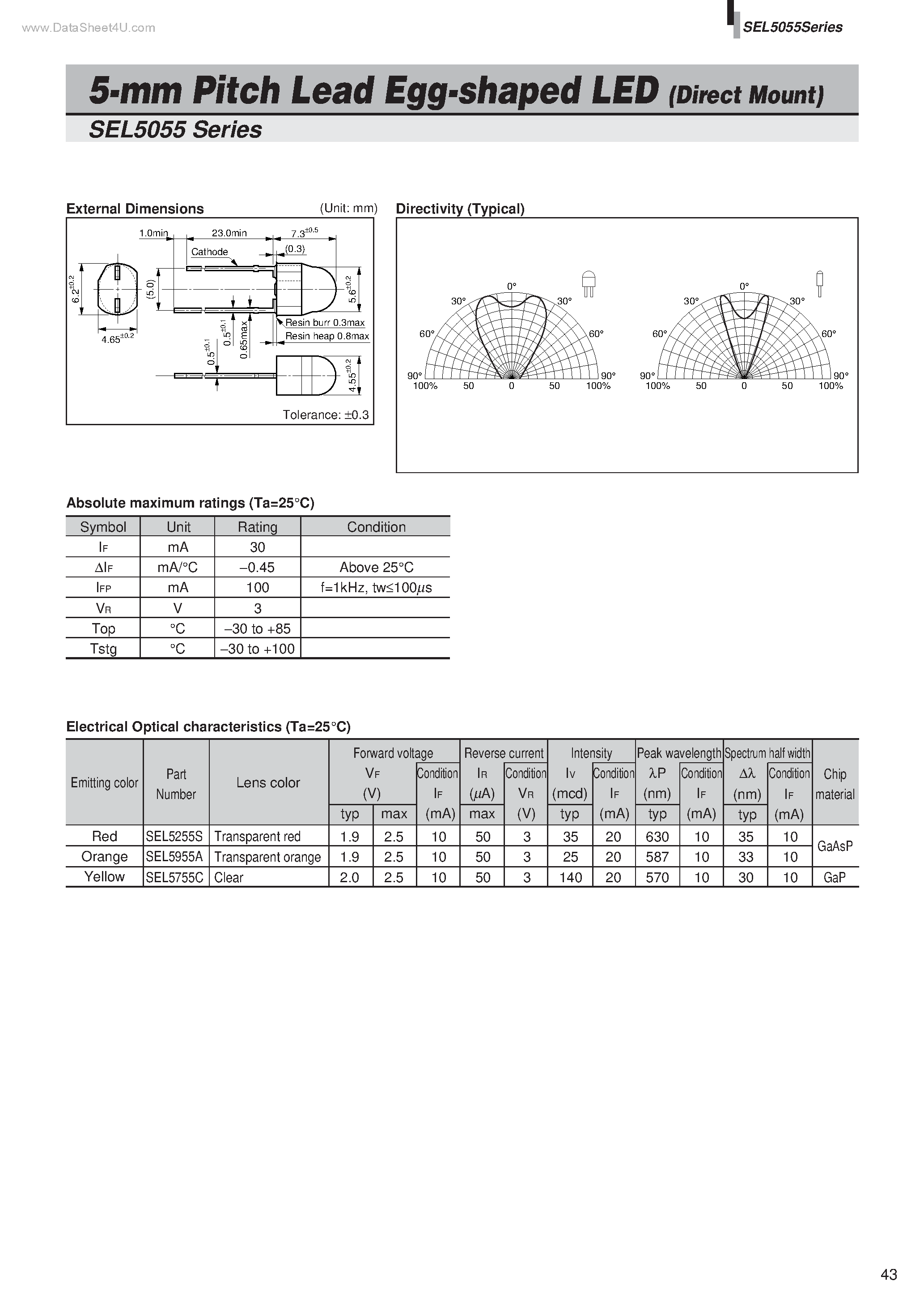 Datasheet SEL5055 page 1 Datasheet SEL5055 - 5-mm Pitch Lead Egg-shaped LED page 1