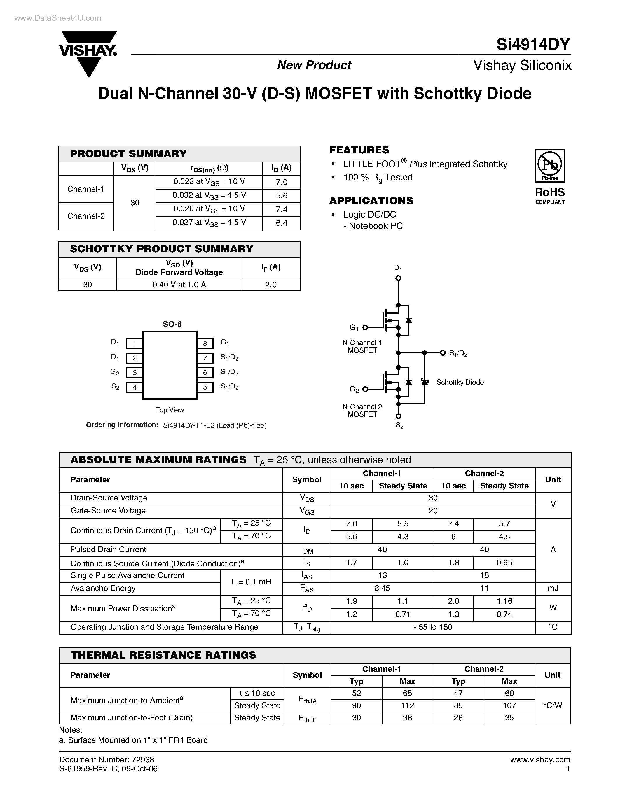 Даташит SI4914DY - Dual N-Channel 30-V (D-S) MOSFET страница 1