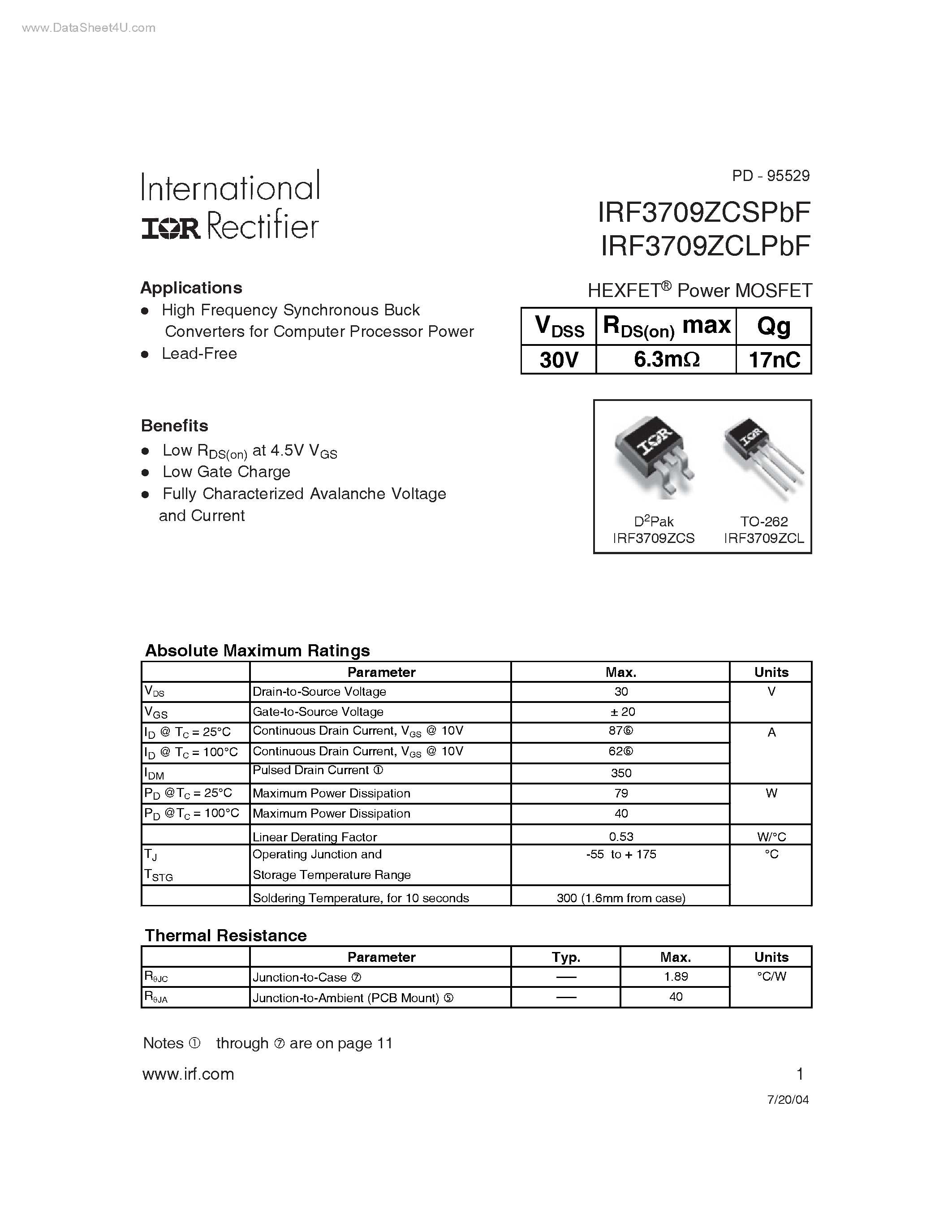 Datasheet IRF3709ZCLPBF - HEXFET Power MOSFET page 1