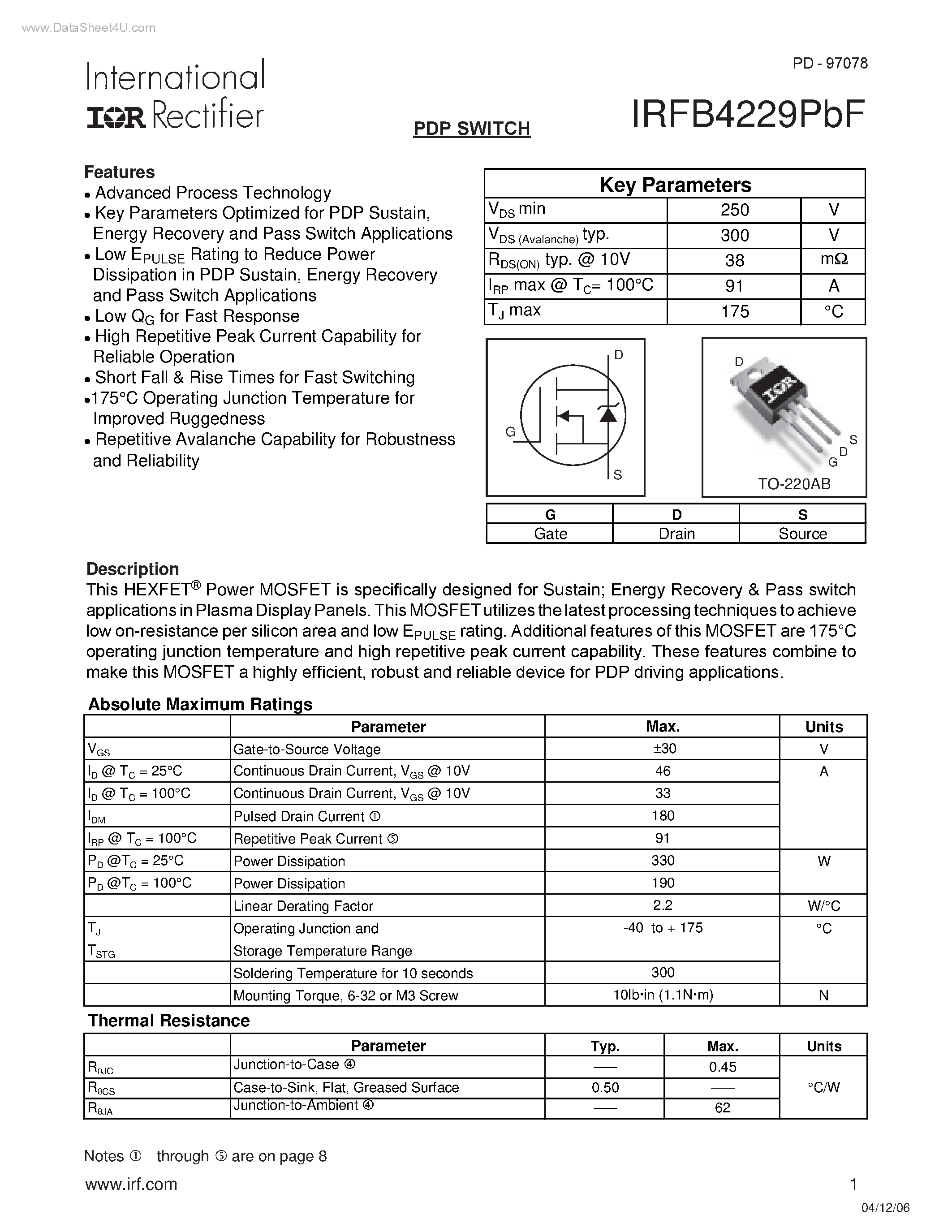 Datasheet IRFB4229PBF - PDP SWITCH page 1