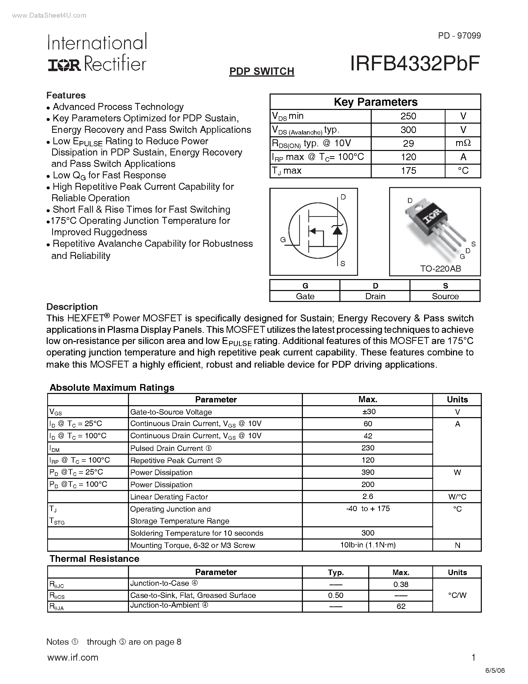 Datasheet IRFB4332PBF - PDP SWITCH page 1