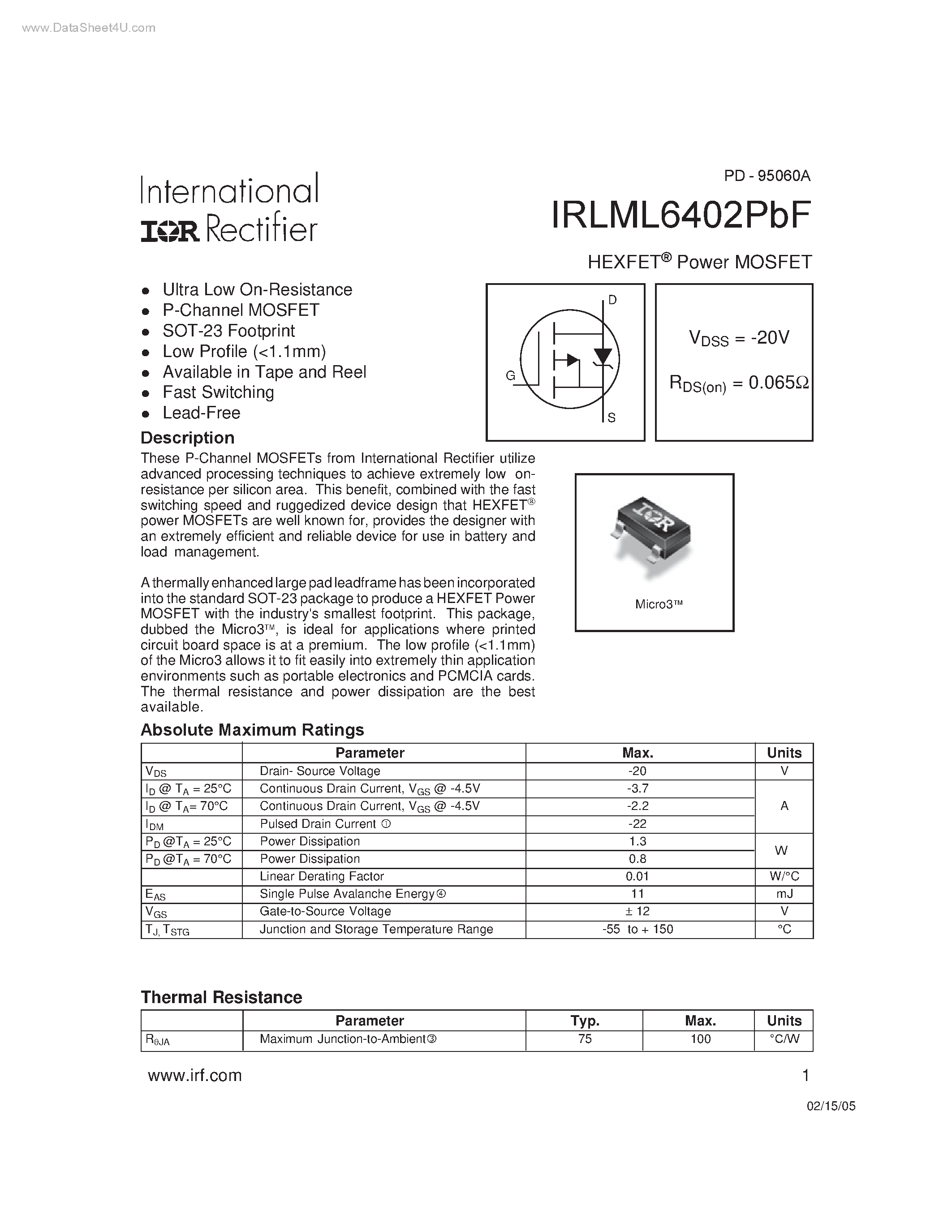 Даташит IRLML6402PBF - HEXFET Power MOSFET страница 1