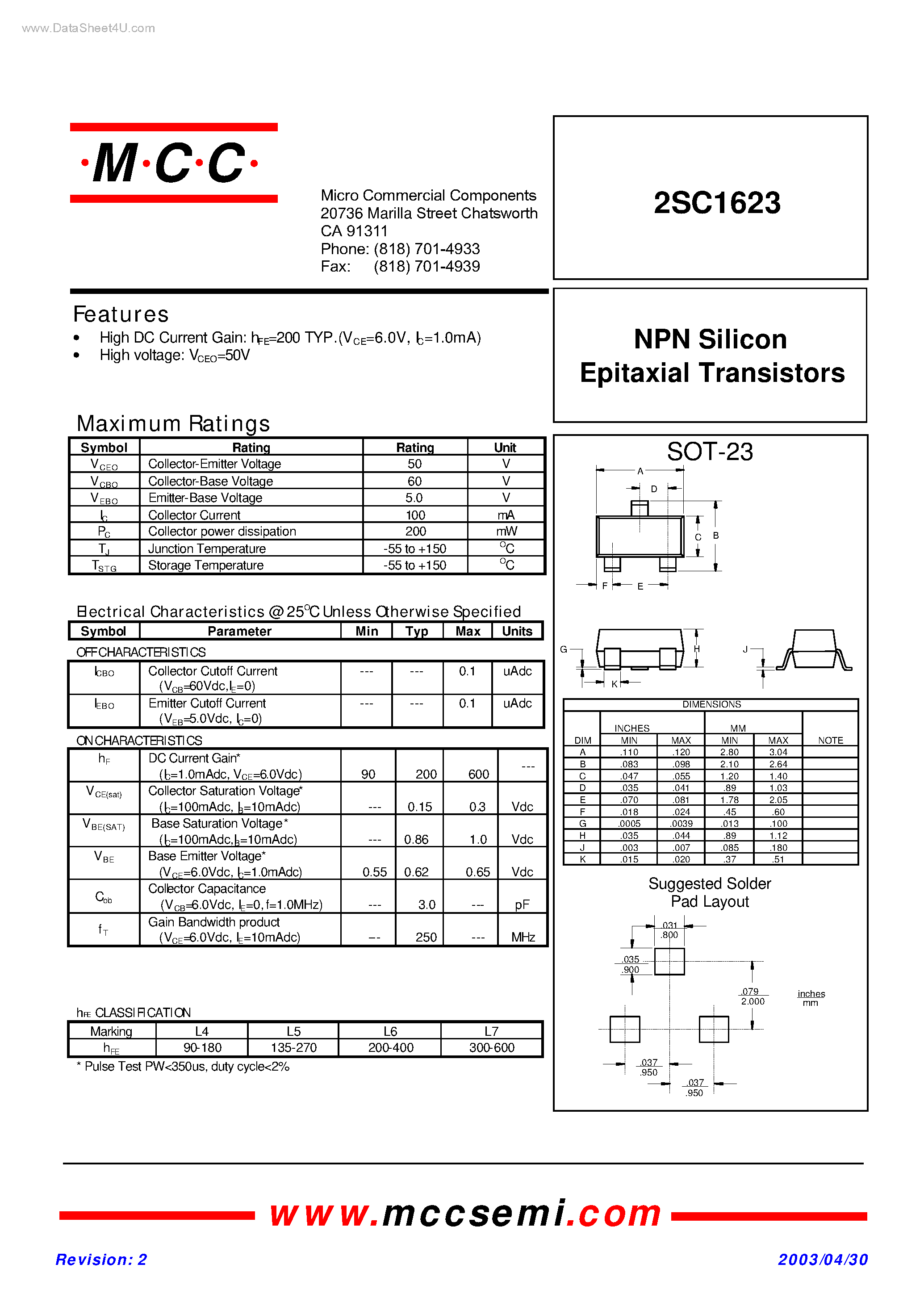Datasheet 2SC1623 - NPN Silicon Epitaxial Transistors page 1