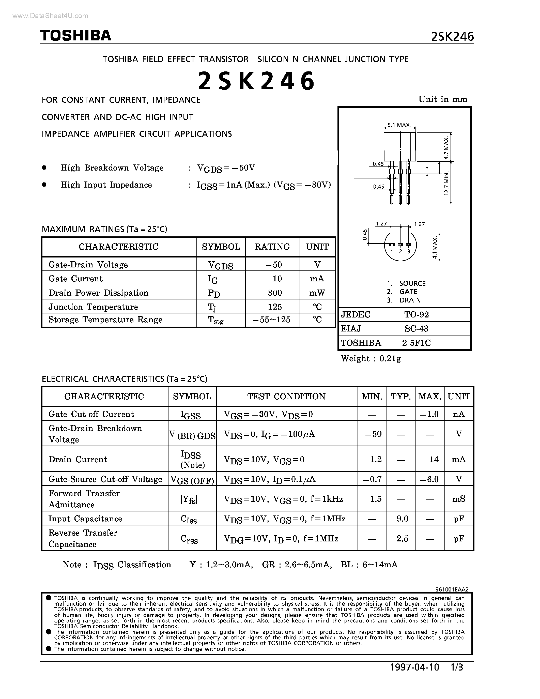 Datasheet 2SK246 - N-CHANNEL JUNCTION TYPE page 1