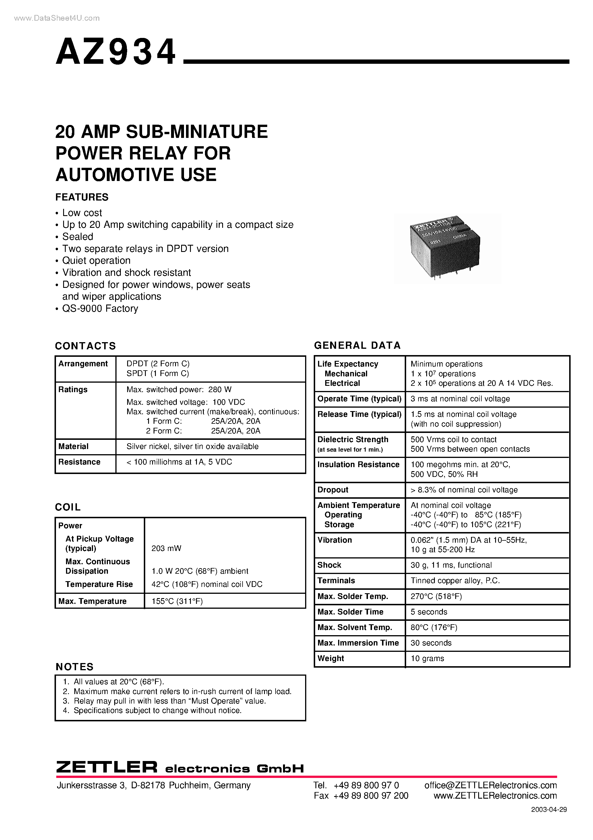 Даташит на микросхему AZ934 страница 1 Даташит AZ934 - 20 AMP SUB-MINIATURE POWER RELAY страница 1