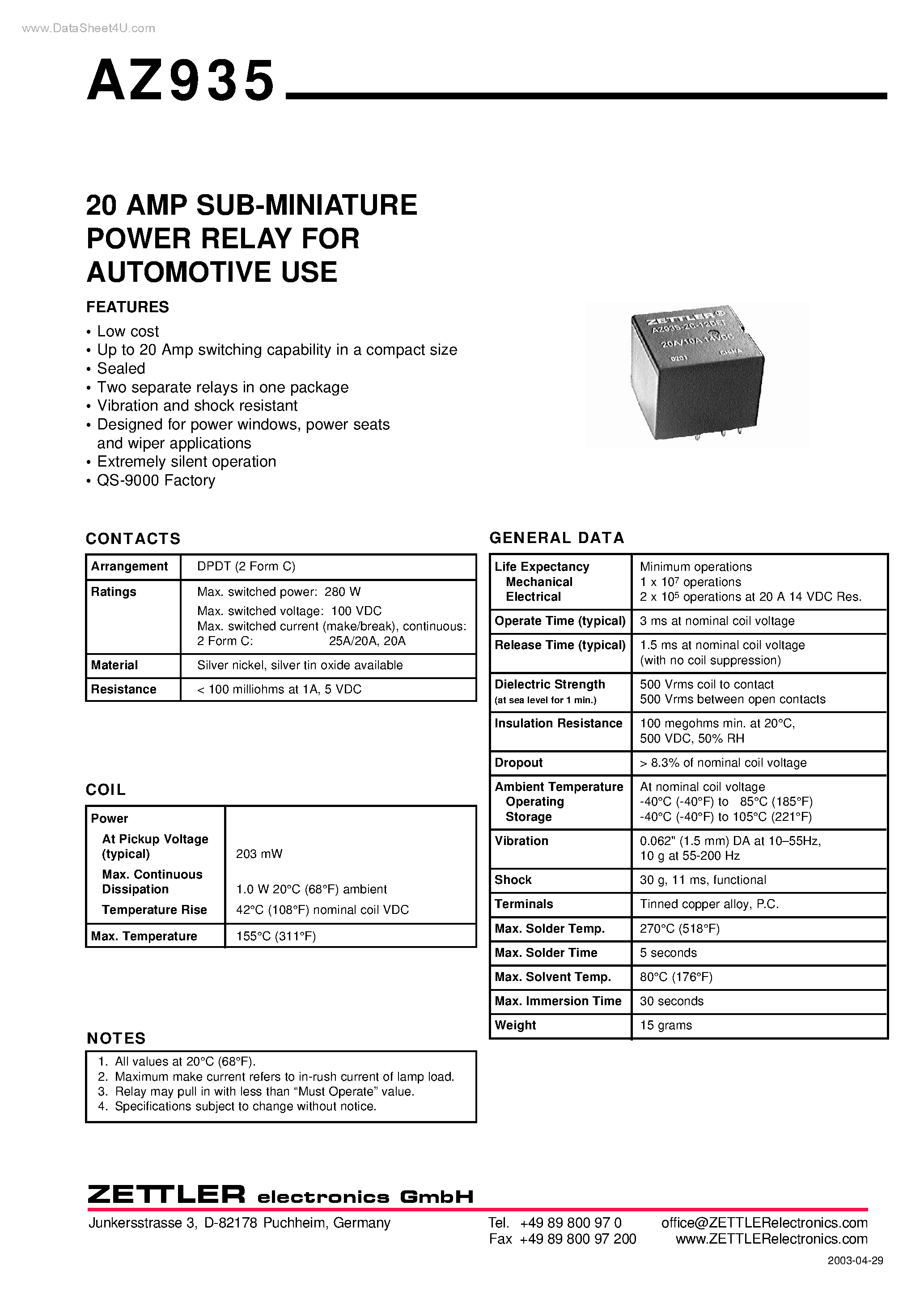 Даташит на микросхему AZ935 страница 1 Даташит AZ935 - 20 AMP SUB-MINIATURE POWER RELAY страница 1