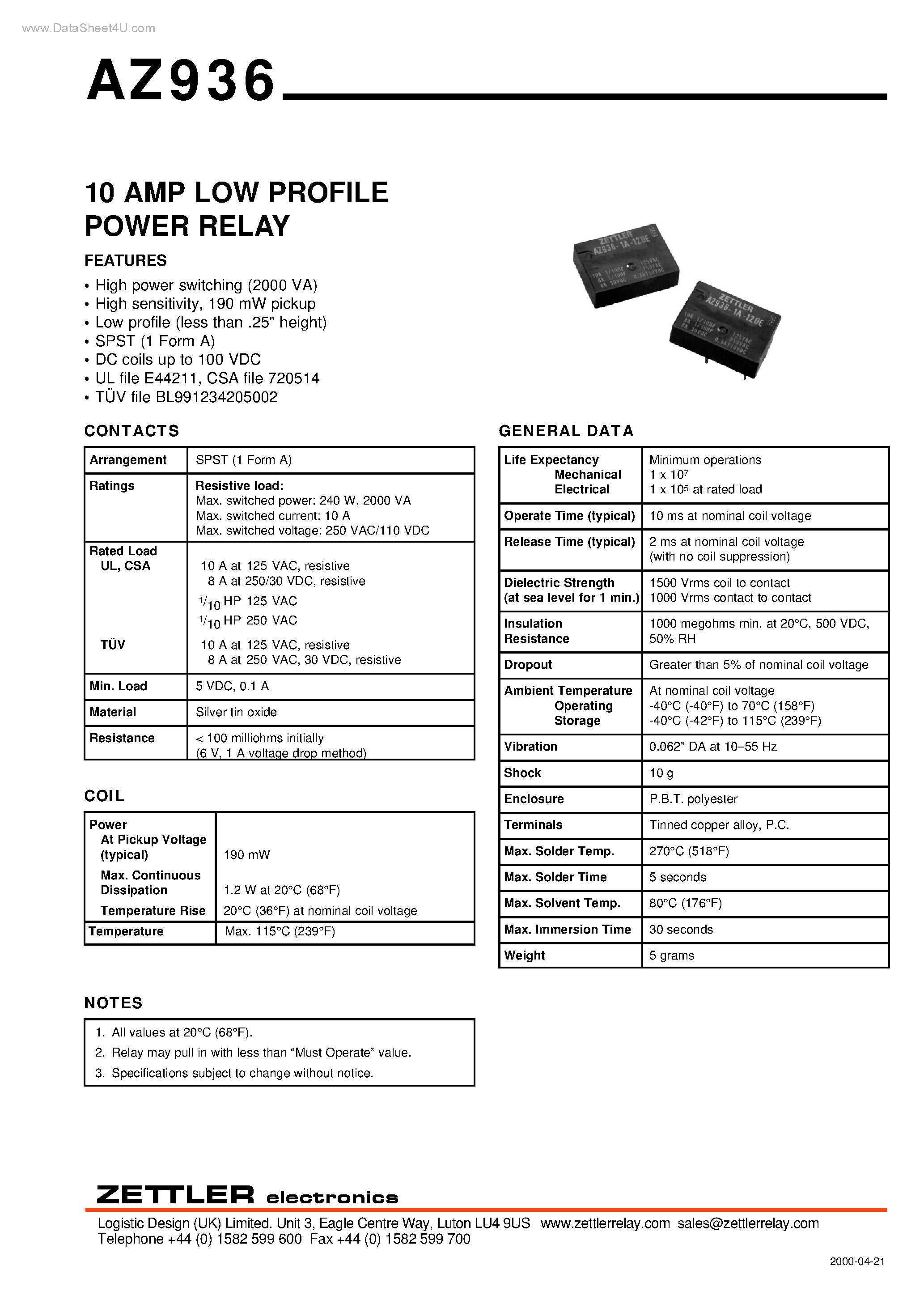 Даташит на микросхему AZ936 страница 1 Даташит AZ936 - 10 AMP LOW PROFILE POWER RELAY страница 1