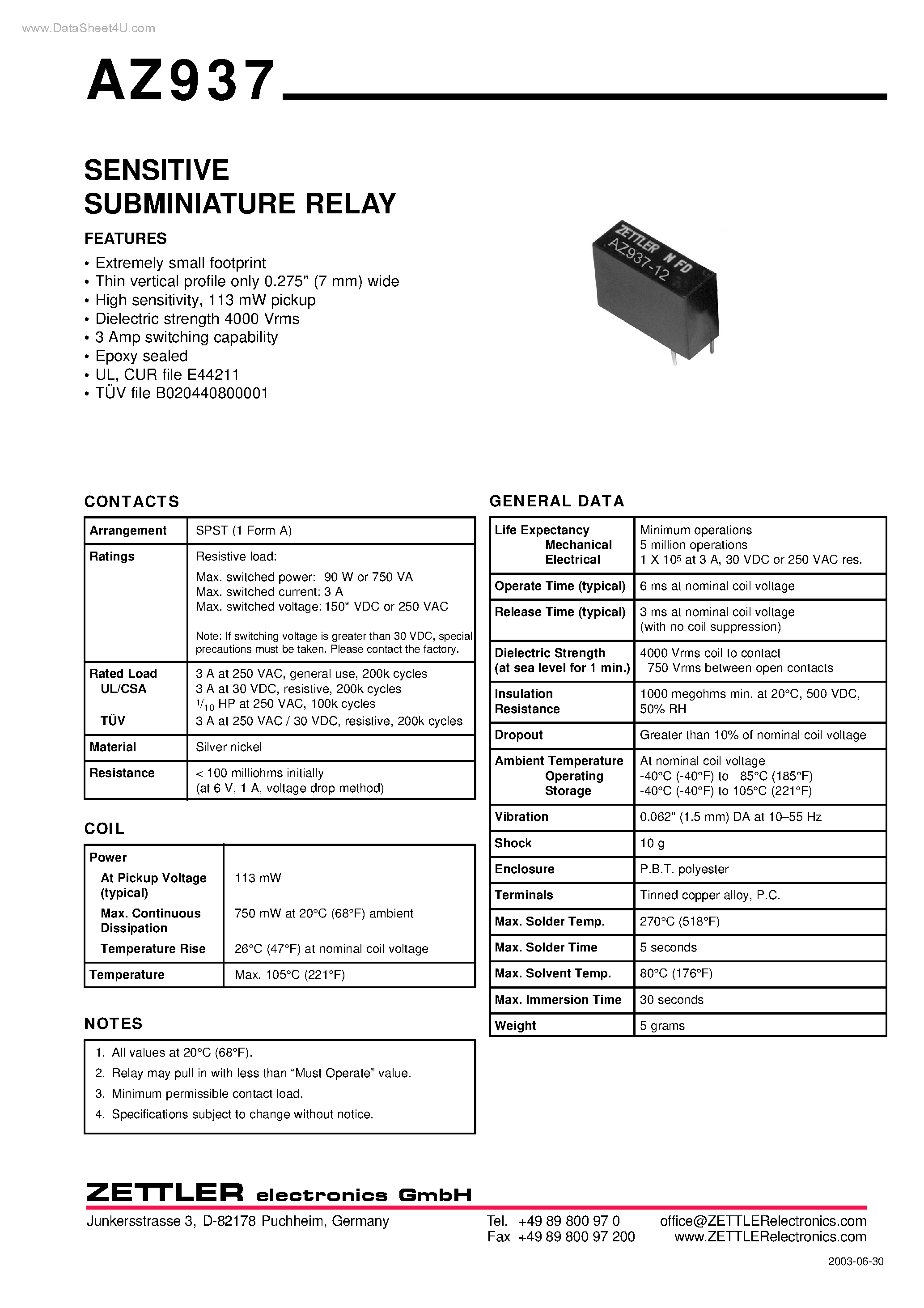 Даташит на микросхему AZ937 страница 1 Даташит AZ937 - SENSITIVE SUBMINIATURE RELAY страница 1