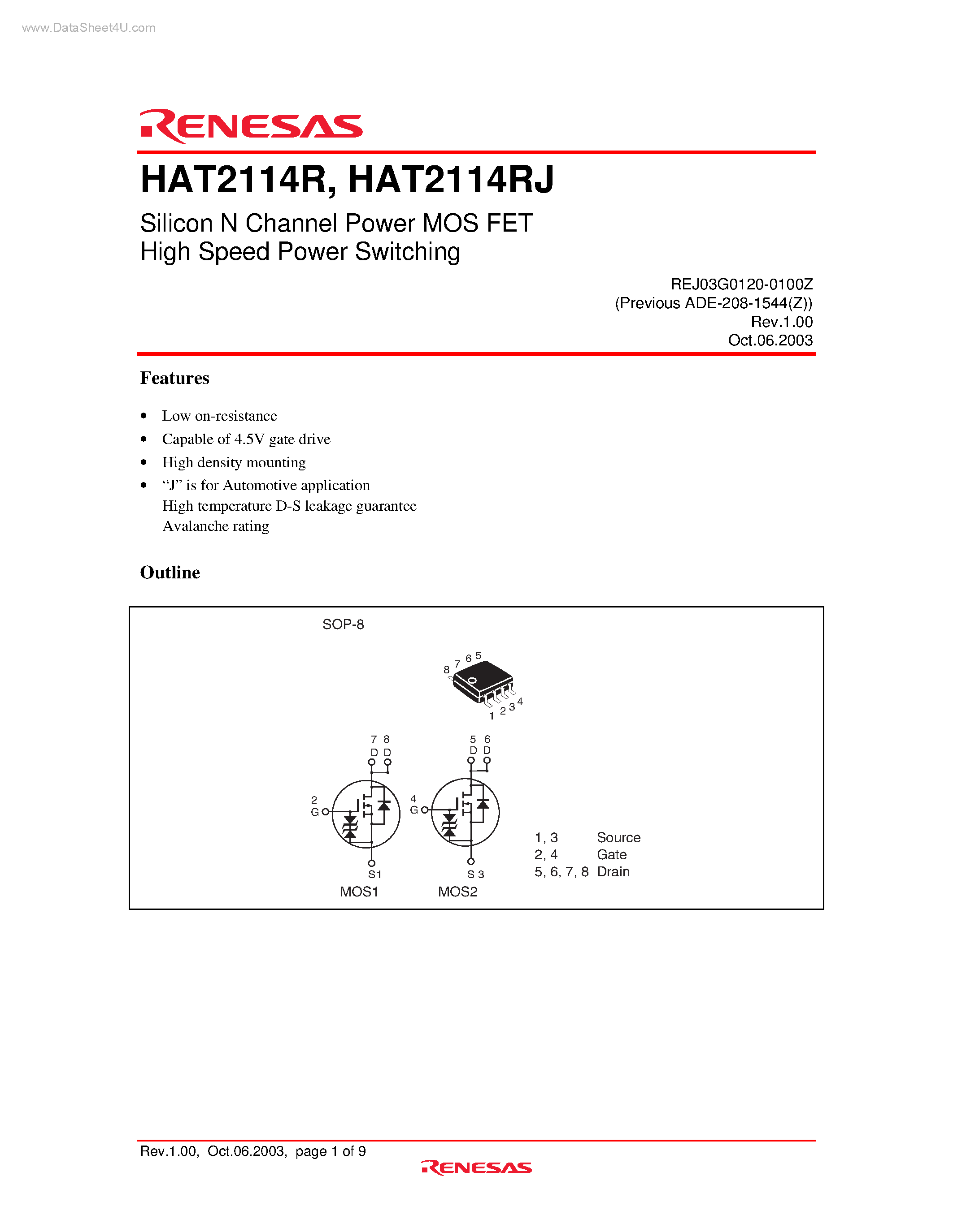 Datasheet HAT2114R page 1 Datasheet HAT2114R - Silicon N Channel Power MOS FET High Speed Power Switching page 1