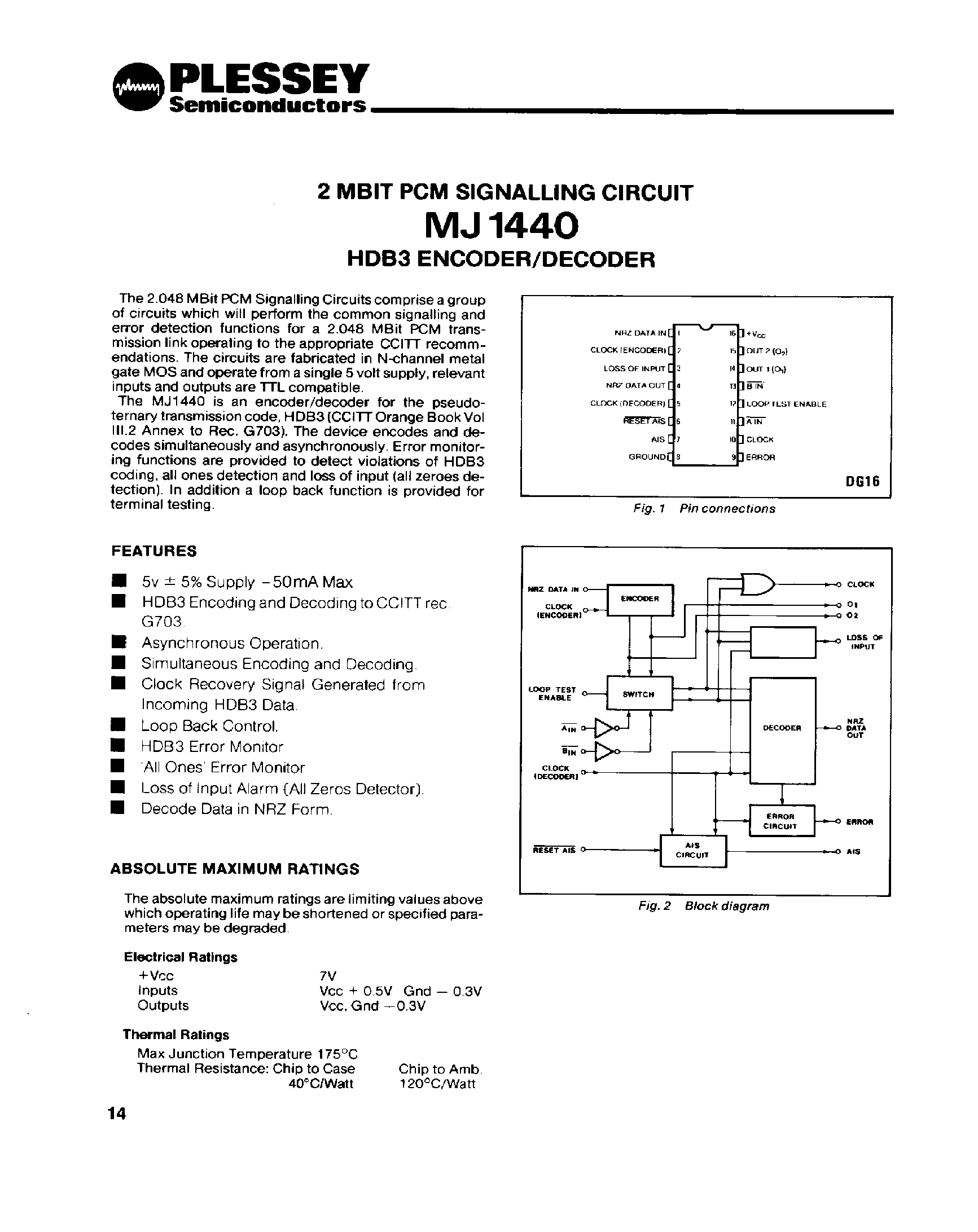 Datasheet MJ1440 - 2 MBIT PCM SIGNALLING CIRCUIT HDB3 ENCODER/DECODER page 1