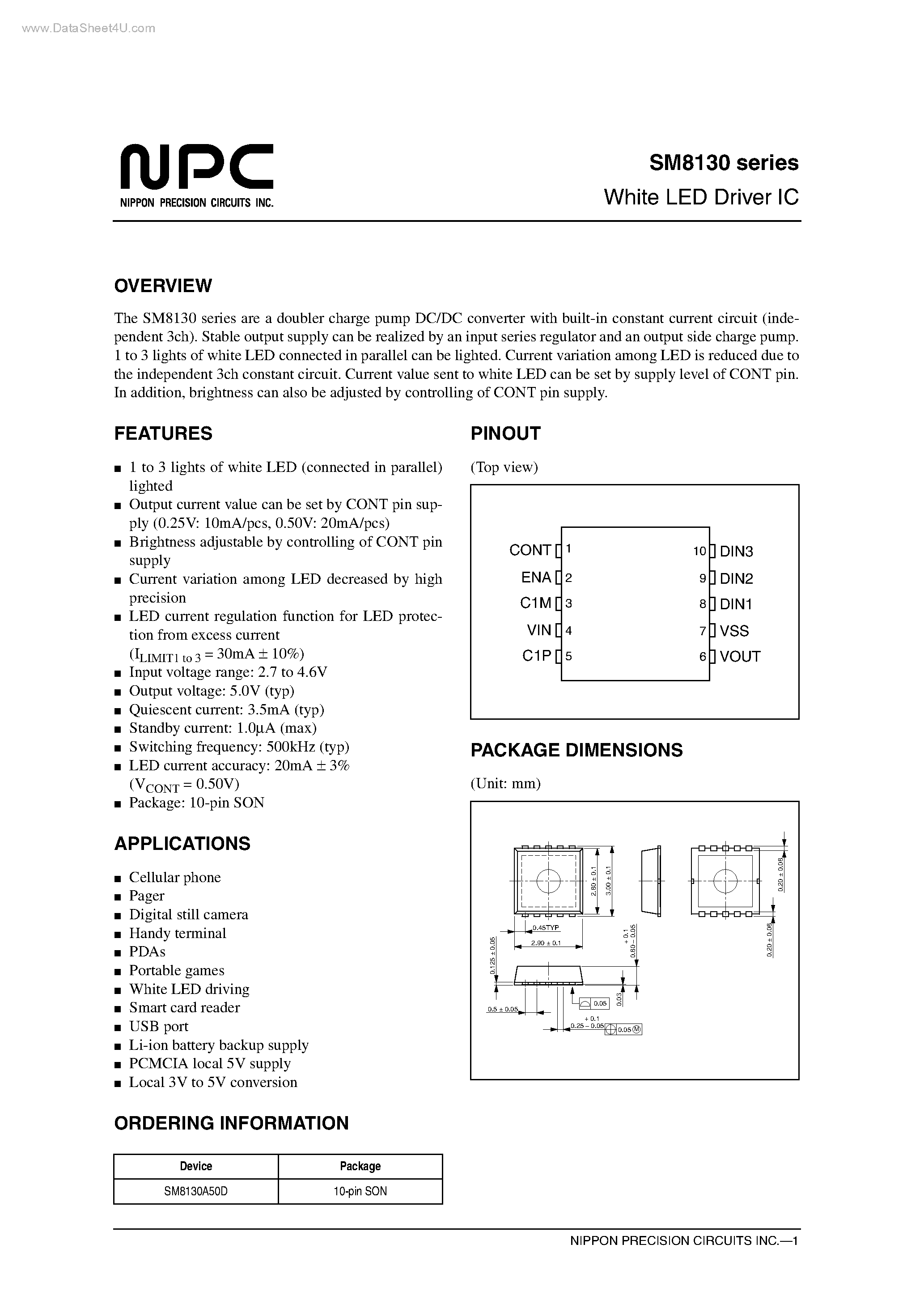 Datasheet SM8130 - White LED Driver IC page 1