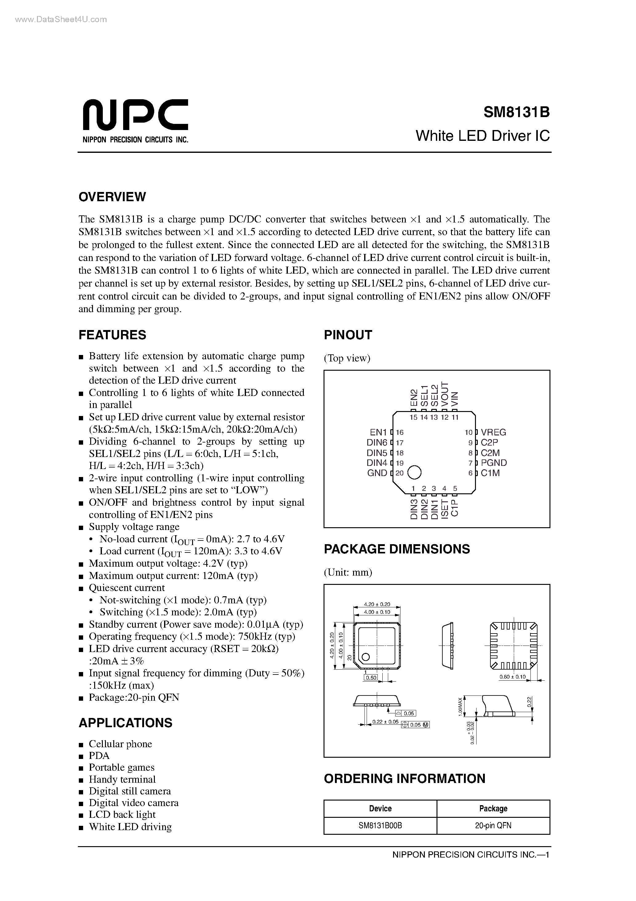 Datasheet SM8131B - White LED Driver IC page 1
