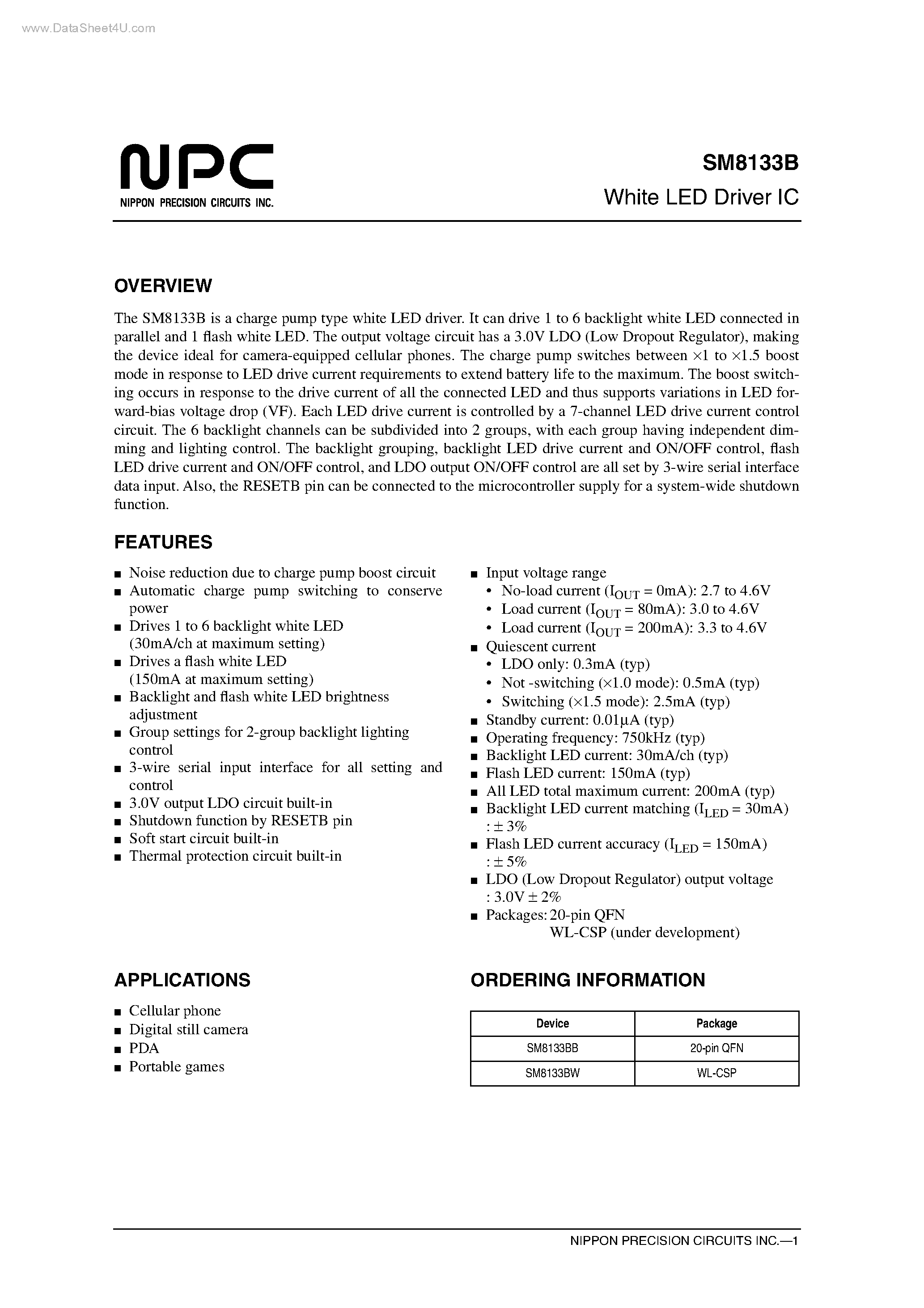 Datasheet SM8133B - White LED Driver IC page 1