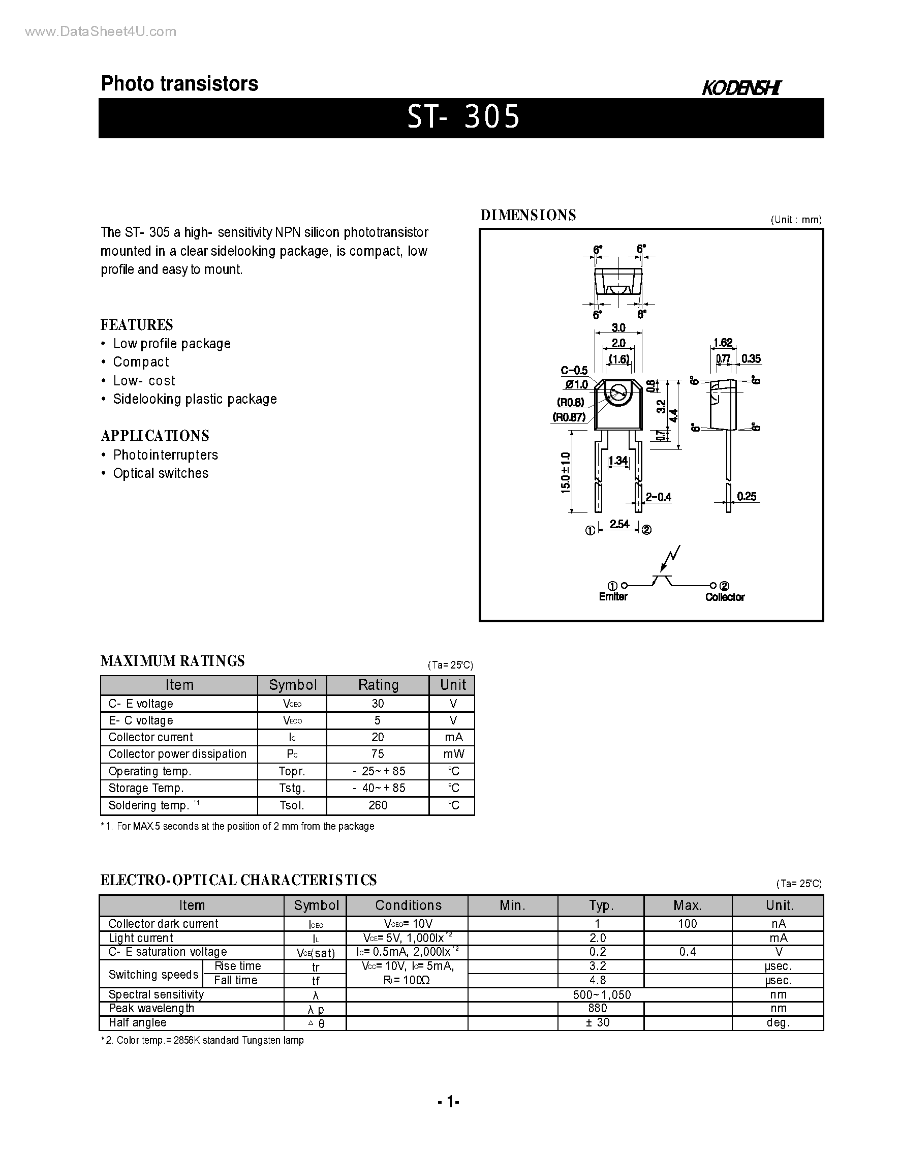 Datasheet ST-305 - Photo transistors page 1