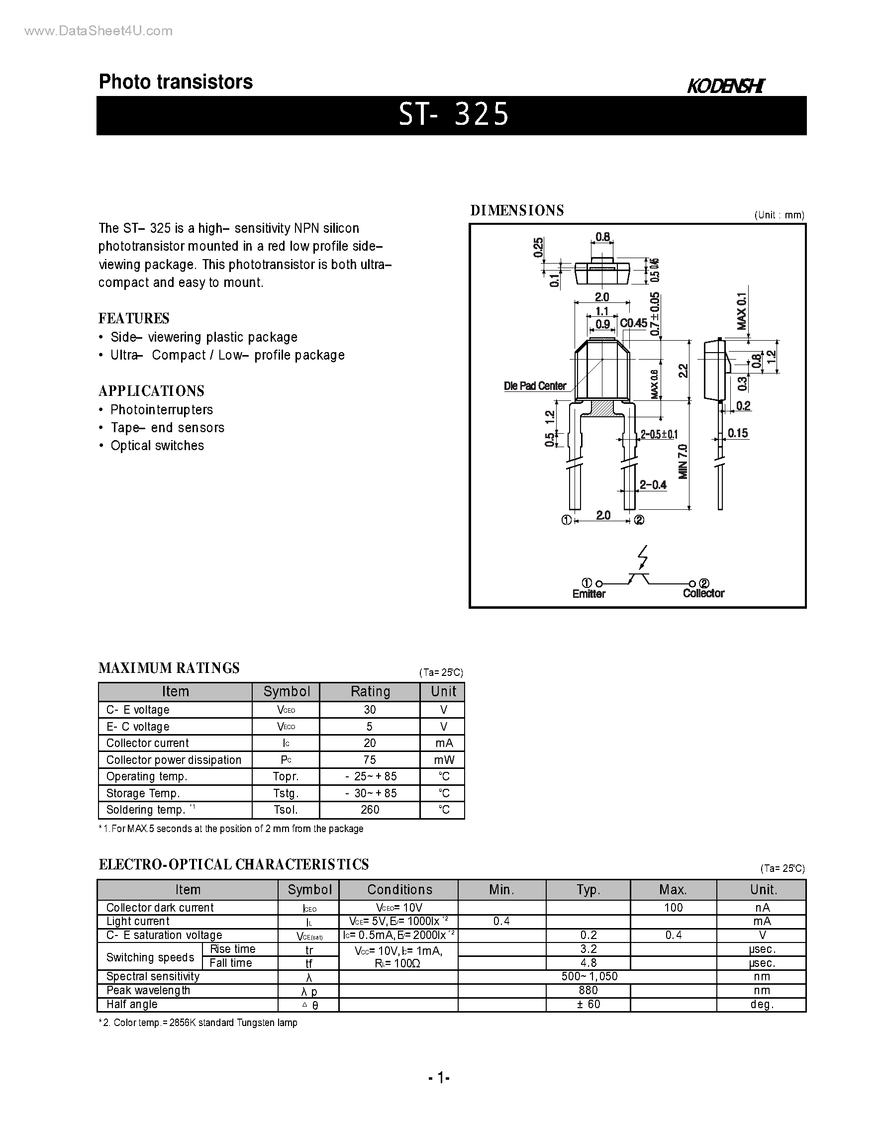 Datasheet ST-325 - Photo transistors page 1